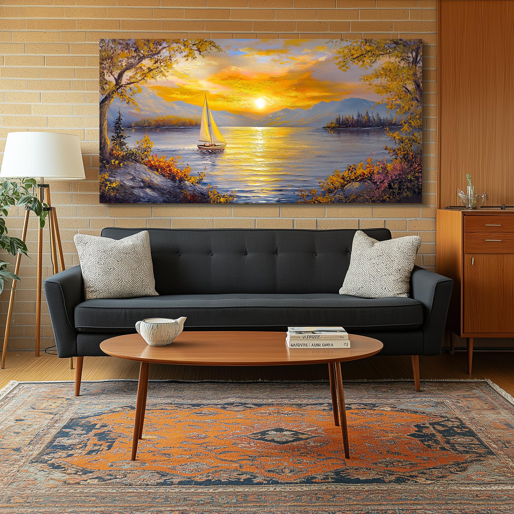 MHARTK66 Cuadros Decoracion Salon, 73x146 cm XXL Laminas Decorativas Pared Dormitorios, Lienzos Decorativos Pared Atardecer Navegando en el Lago, Modernos Wall Art Comedor Pasillo Baño Oficina