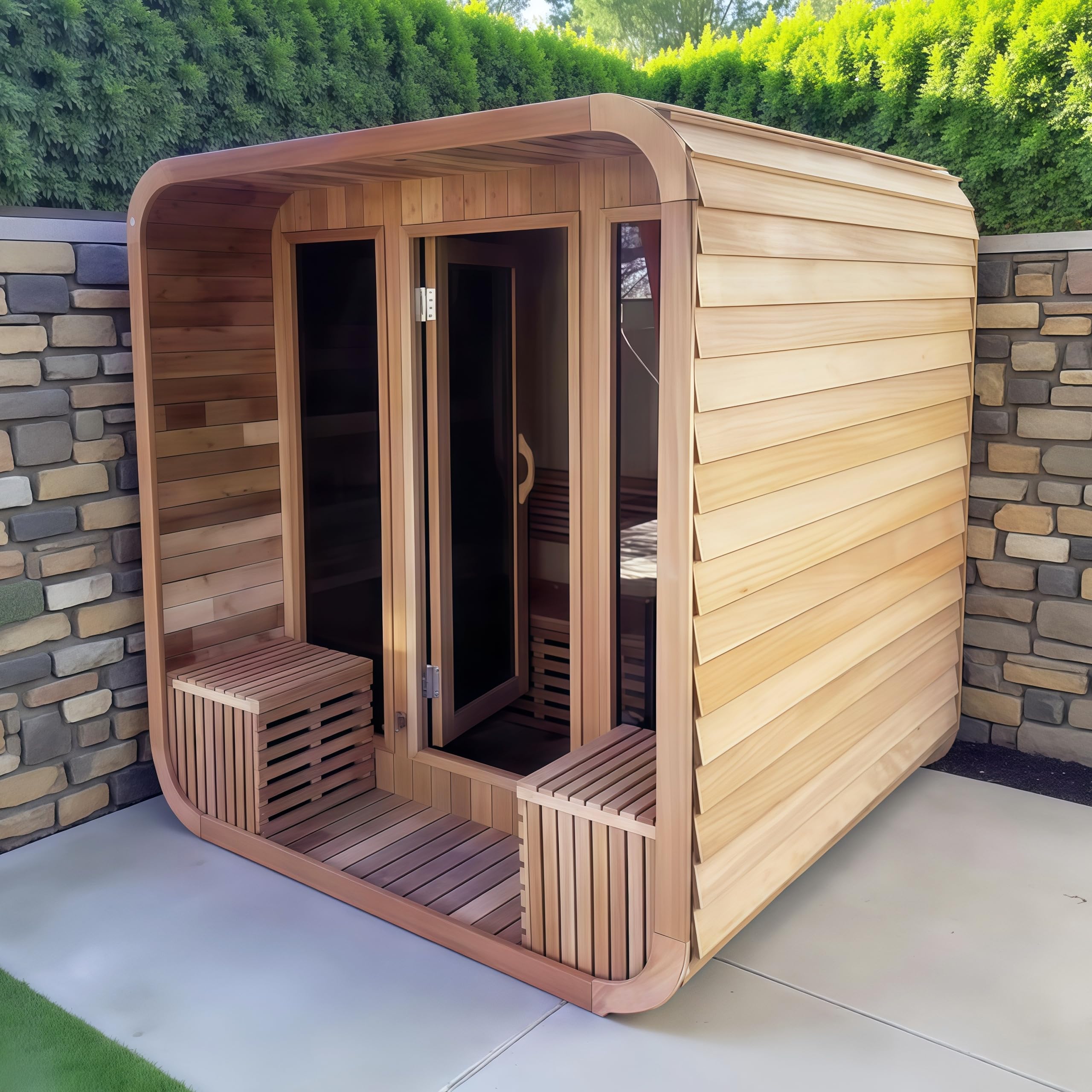 Square Outdoor Sauna, Canadian Hemlock Sauna 4 Person, 240V 6KW ETL Harvia Heater, Porch,Waterproof System, Large Glass Windows, Wood Tiles, Double Reinforcement-Fast Delivery(0-195 °F)