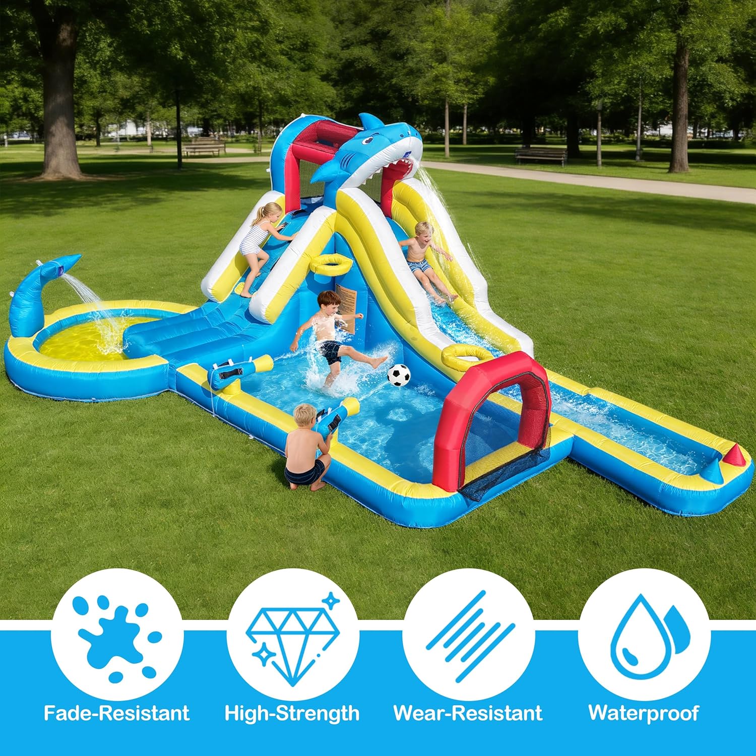 TOAOB Inflatable Water Slide for Kids 3-12: Blow Up Backyard Water Park with 480W Blower- 9 in 1 Shark-Themed with Long Slides Soccer Goal for Outdoor Birthday Party