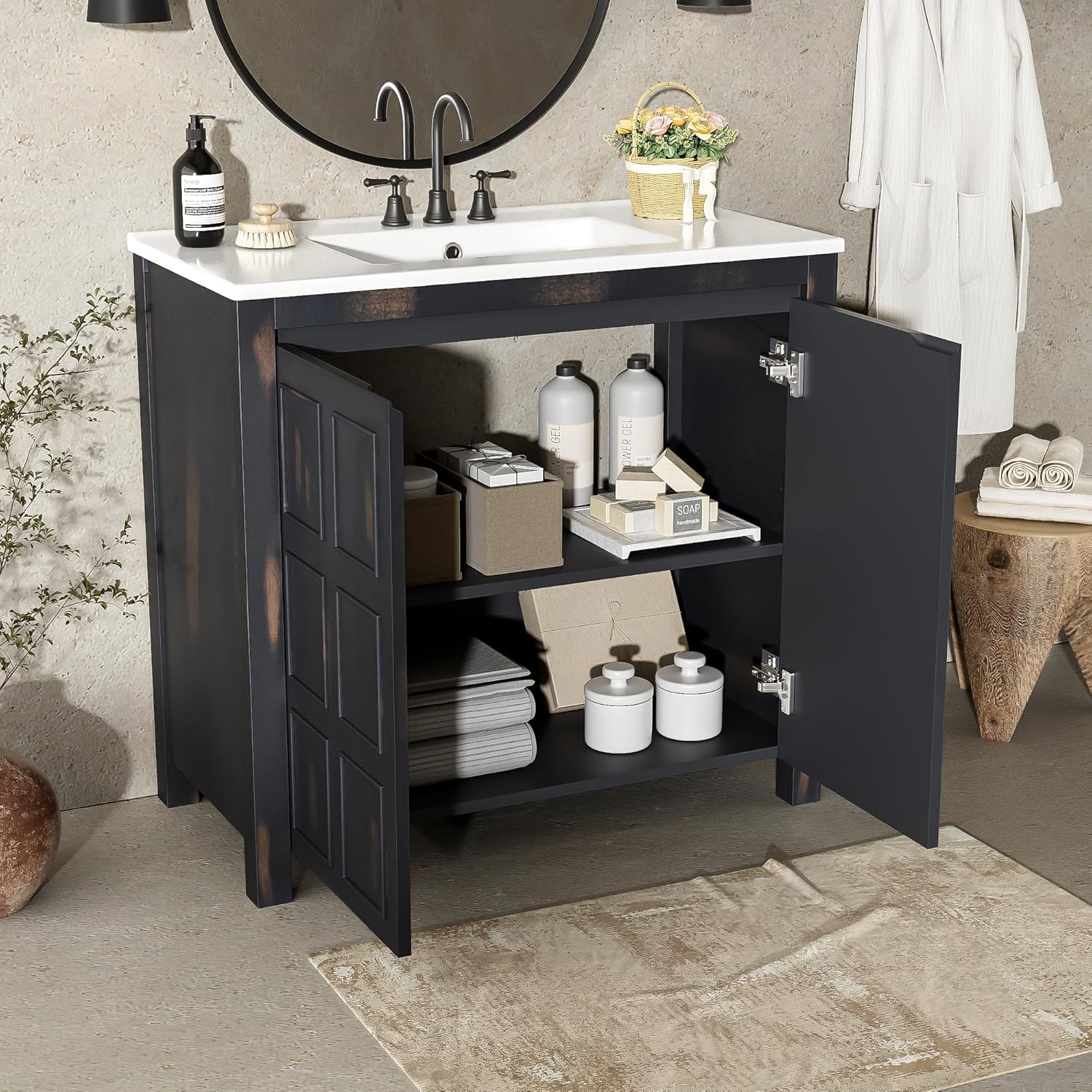 Merax 36" Bathroom Vanity with Ceramic Sink, Organizer Bathroom Storage Cabinet with Shelves, Vintage Espresso