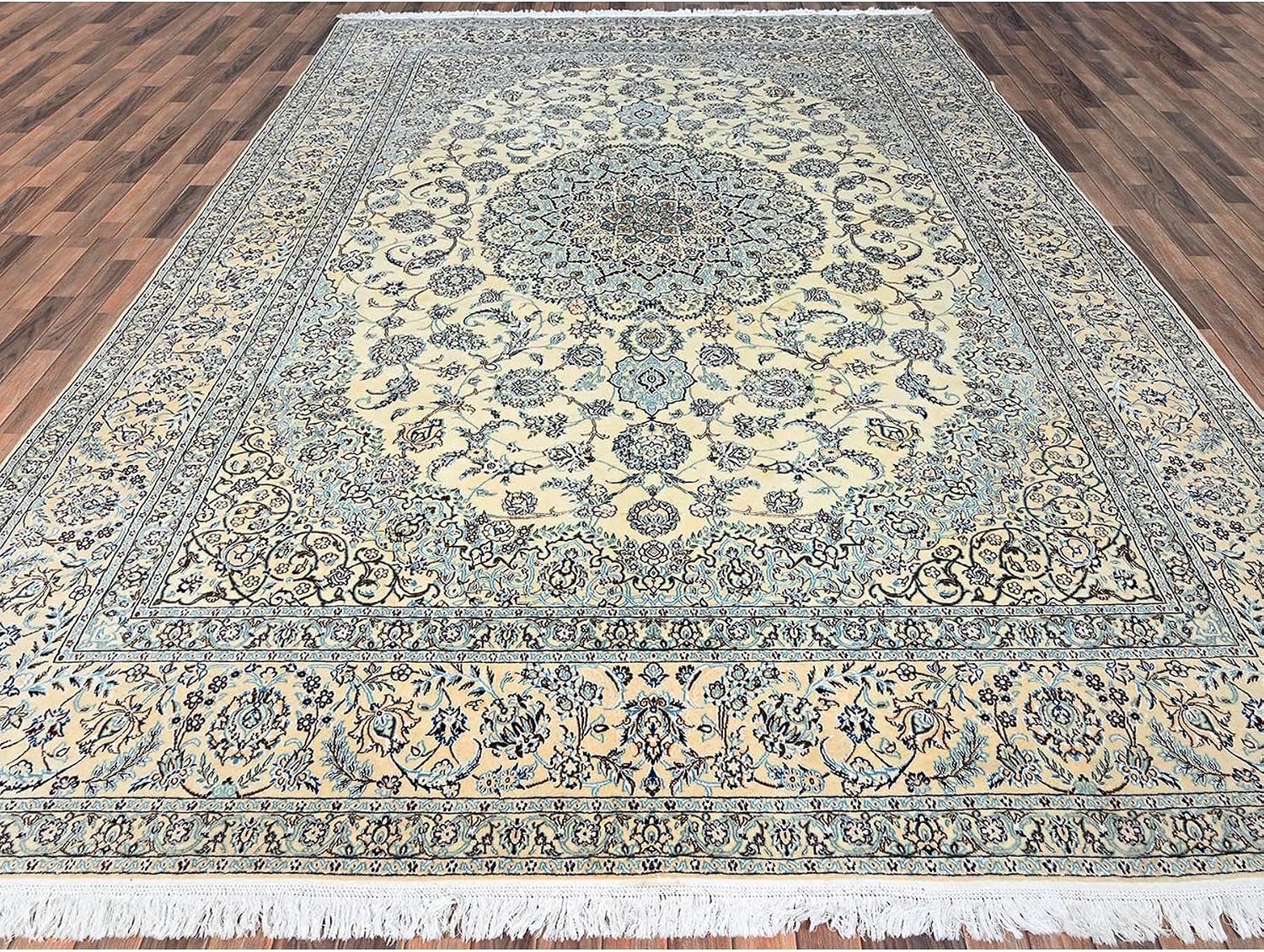 Persian Nain Hand Knotted Oriental Rug, Ivory, Wool and Silk, 10'x14'2", 300 KPSI