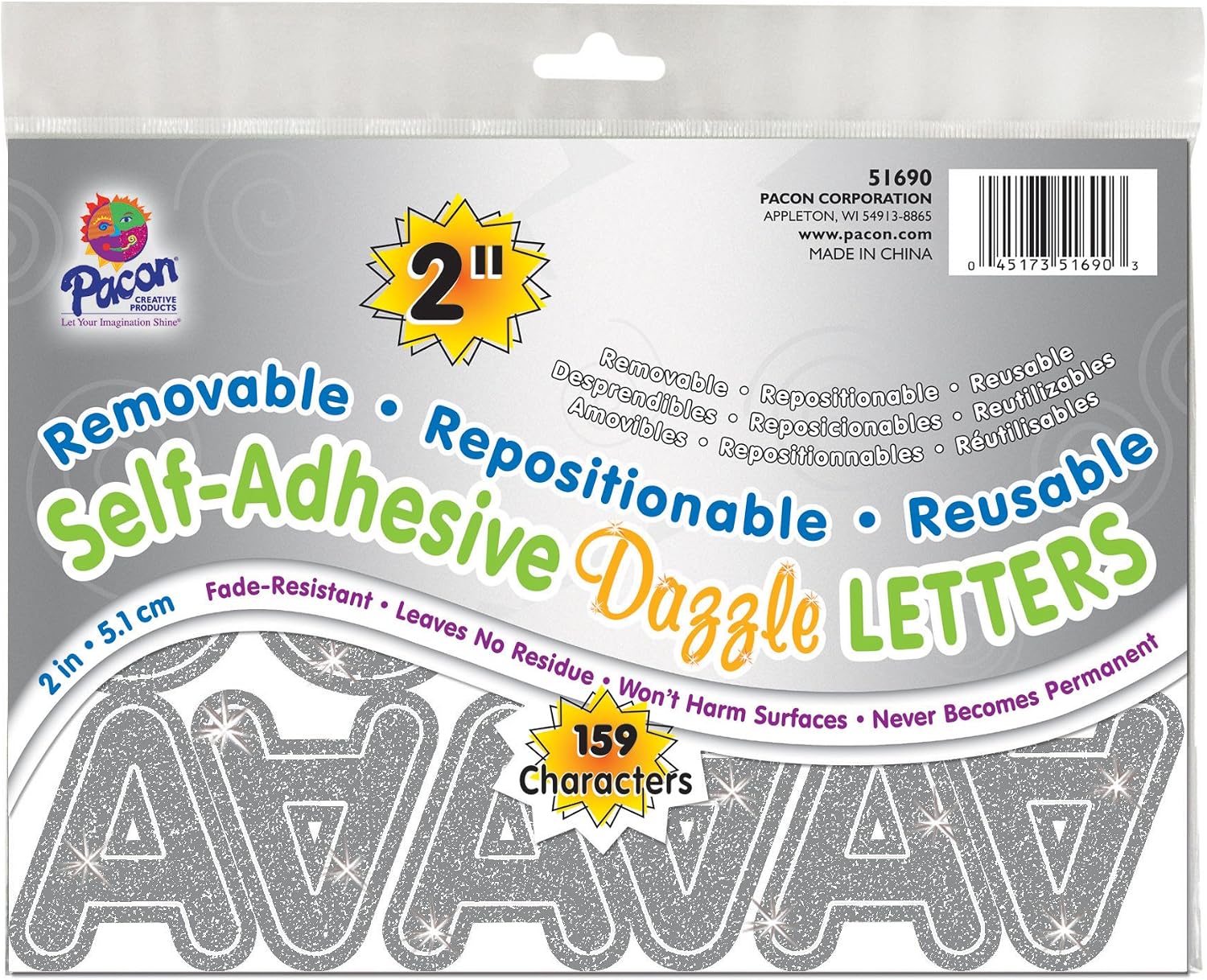 Pacon 2" Self-Adhesive Uppercase Letters, 159-Count, Silver Dazzle (51690)
