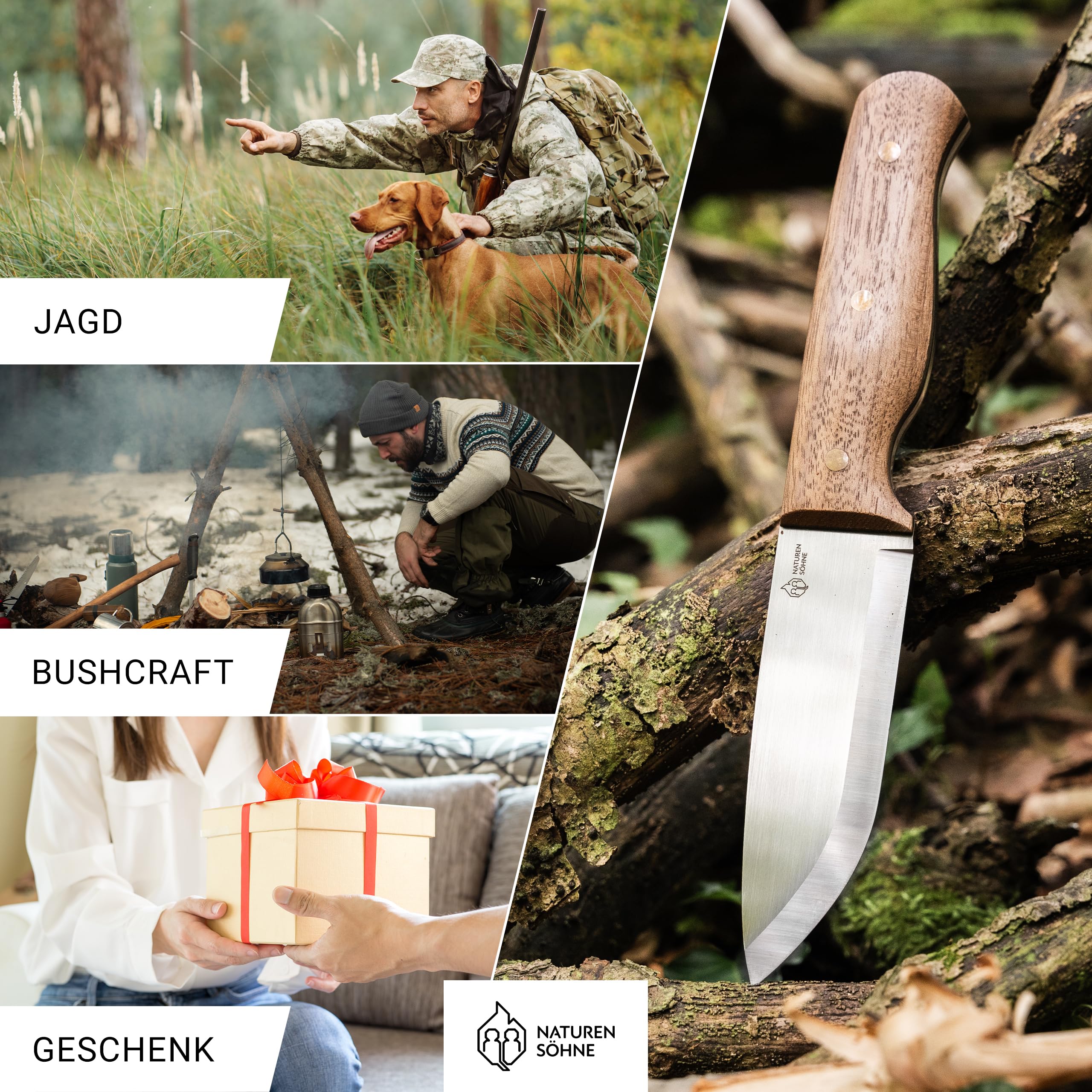 NATURENSÖHNE® MK. III - Jagdmesser mit 11,2 cm Scandi Klinge feststehend - Fulltang Bushcraft-Messer mit Walnuss Holzgriff - Outdoormesser mit Leder-Scheide - Fahrtenmesser klassisch für Pfadfinder