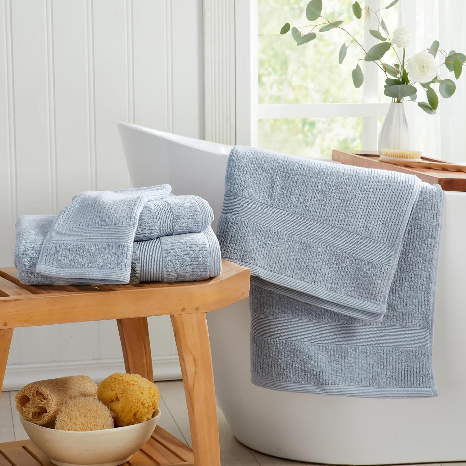 Springtree Home Blue Bath Towels Set of 4 | Ribbed Textured | 100% Combed Cotton | Absorbent Quick-Dry Towels for Bathroom | Oeko-TEX® Standard 100 Cotton | Mauro Collection - Blue Fog - Image 7