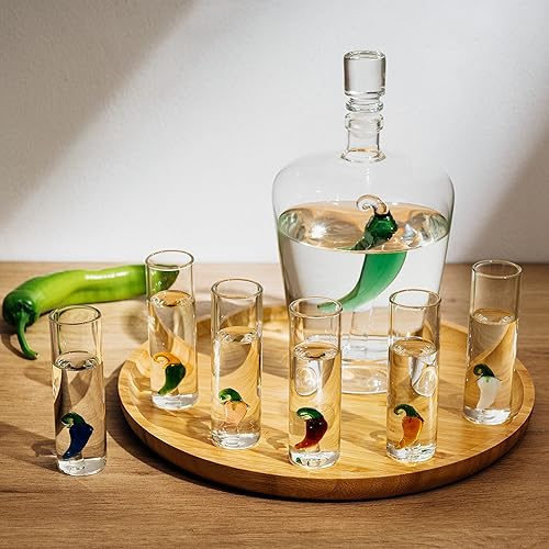 Vista 5 de Juego de Decantador de Tequila con Decantador de Pimienta y Juego de 6 Vasos de Chupito de Jalapeño, Perfecto para Regalos de Vacaciones