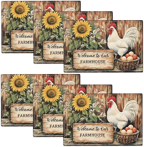 Miniatura 23 de Juego de 6 manteles individuales de flores amarillas de granja, manteles individuales rústicos florales, manteles individuales de primavera lavables