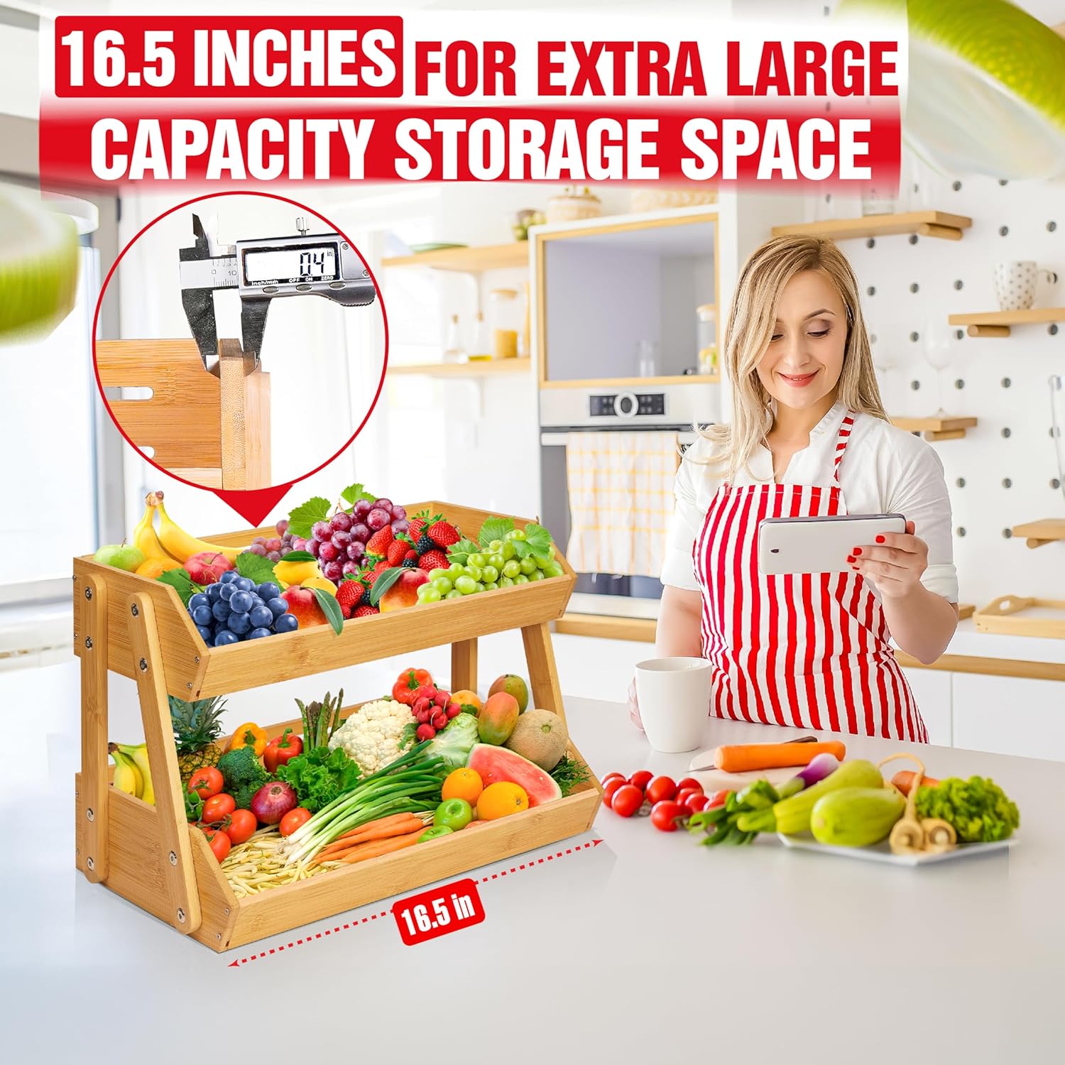 [Upgraded Length] 16.5-Inch Fruit Stand Storage Holder with 4 Sturdier Legs, 2-Tier Fruit Basket , Bamboo Fruit Bowl Holder for Fruit,Vegetables,Bread, Snacks, Home Kitchen Countertop Organizer