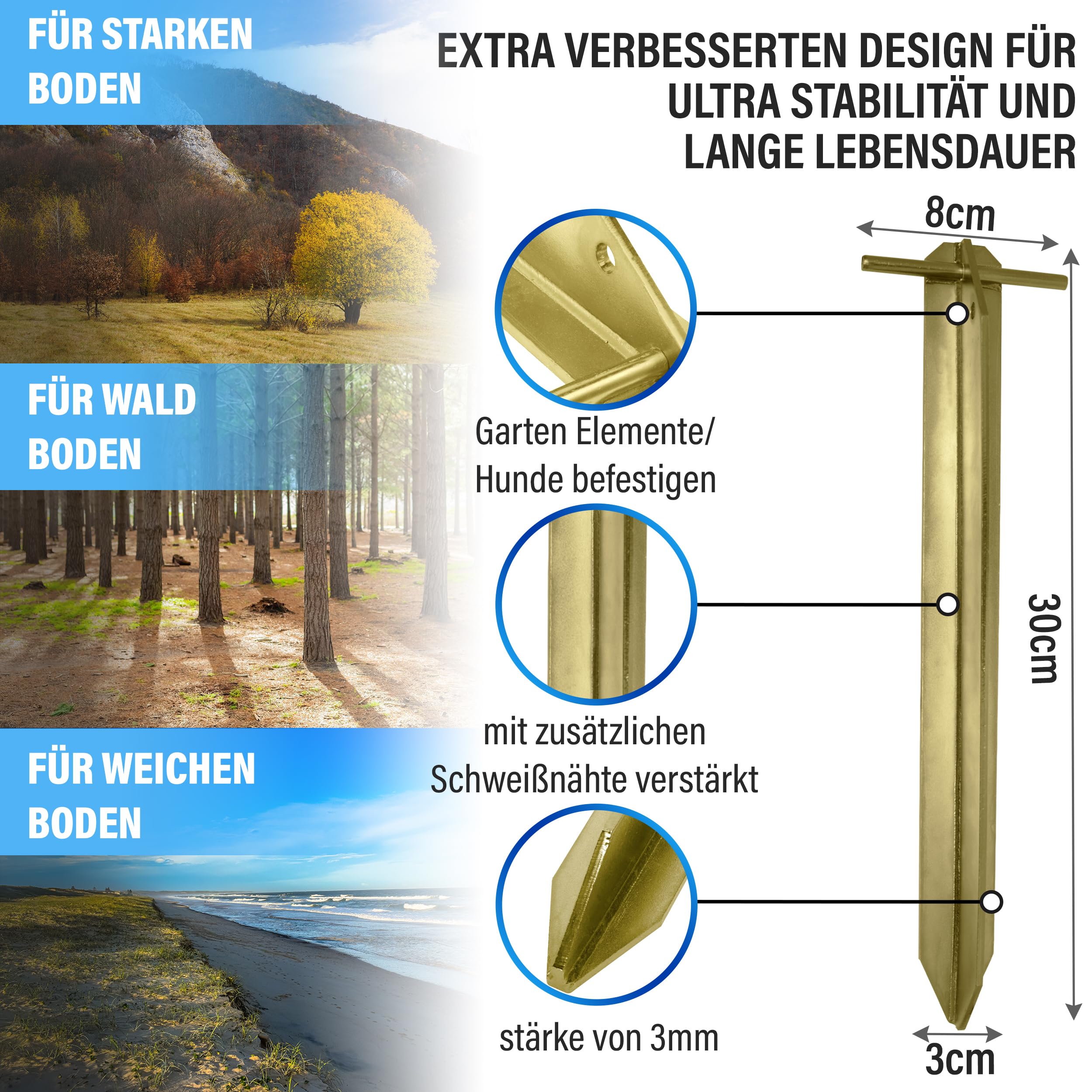 Test2023 Lot de 8 piquets de tente solides dorés pour le camping et les expériences de plein air en toute sécurité (X8 or fort)