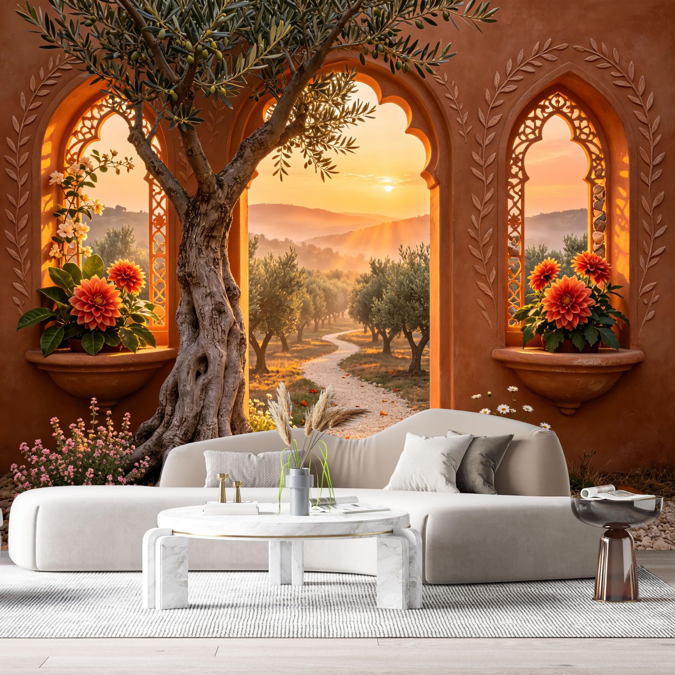 Custom Size Wall Murals Mediterranean Olive Tree Sunset Pathway 3D Trompe L'Oeil SelfAdhesive Wall Fabric Removable Large Wallpaper for Photo Living Room Decor Background
