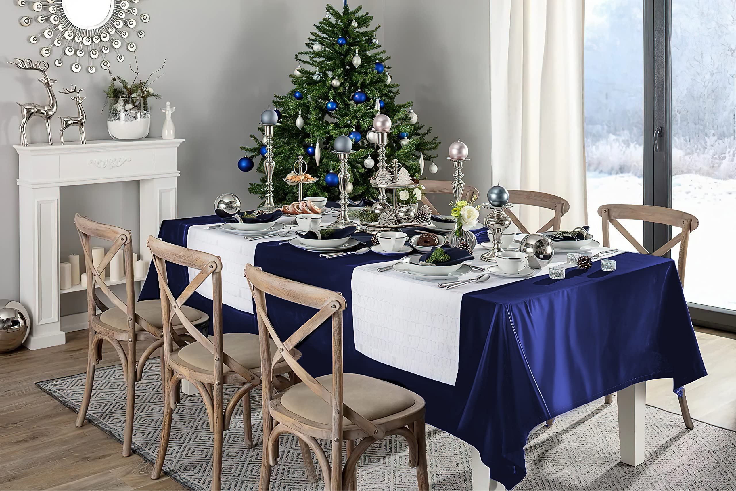 Paquete de 12 manteles rectangulares de satén para boda, de seda brillante, para bodas, banquetes, fiestas, eventos, decoración de mesa de celebración de cumpleaños (57 x 108 pulgadas, azul marino)