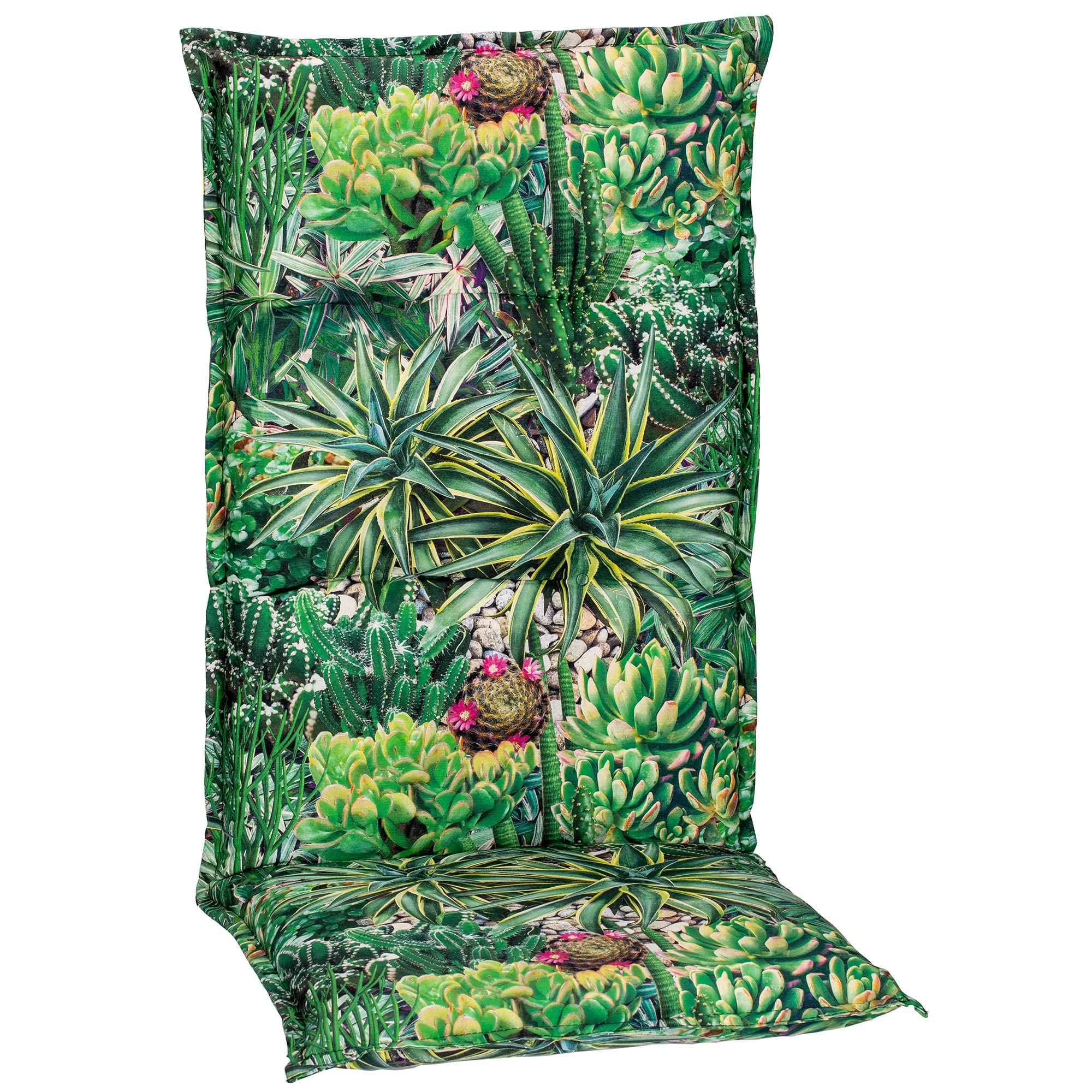 NYVI Hochlehner Auflagen Piemont 4er Set - 118x46x8 cm Kaktuslandschaft - Extra Starker 8cm Sitzpolster - Gartenmöbel Auflagen mit Halteband & Bindebändern