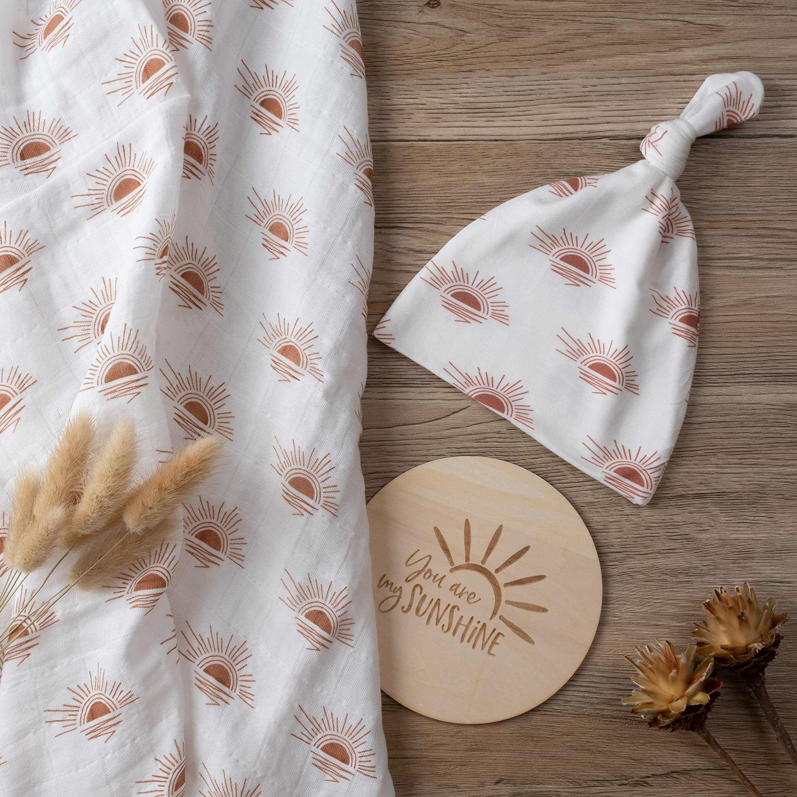Miaoberry 100% Organic Cotton Baby Muslin Swaddle Blanket Set| Clay Rust  Boho Sunrays| Gender Neutral for Boys Girls|Rust Sunset Sunshine| Hospital