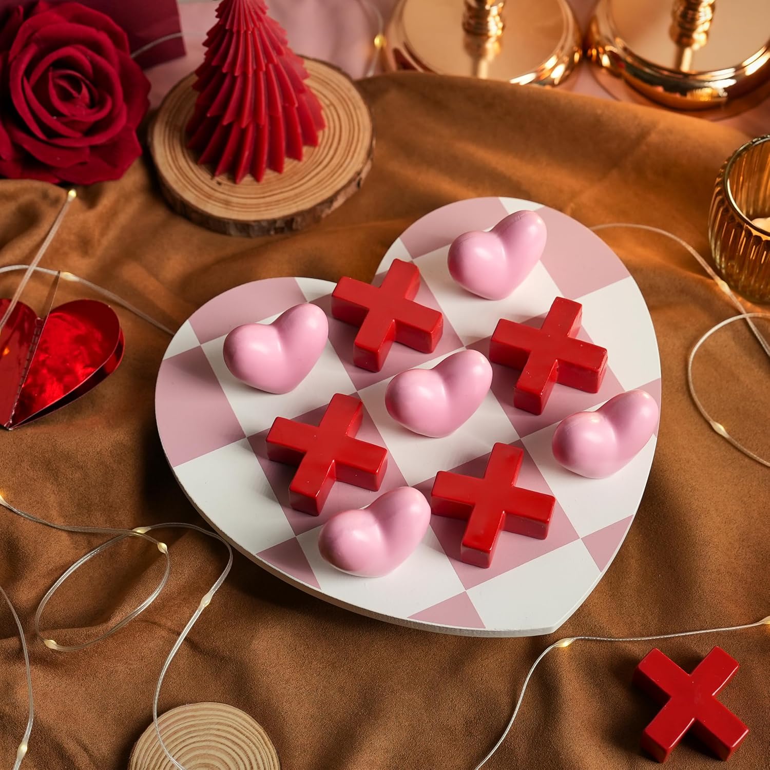 FESTGLOX Valentine's Day Tic Tac Toe Set, Wood Heart Shaped Board Game with X and O Pieces, Romantic Pink and White Game for Couples, for Valentine's Anniversary