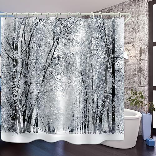 Miniatura 6 de WODEJIA Cortina de ducha de tela con arte de Navidad, bosque de nieve impreso para baño, bosque de nieve, cortinas de inodoro anchas impermeables