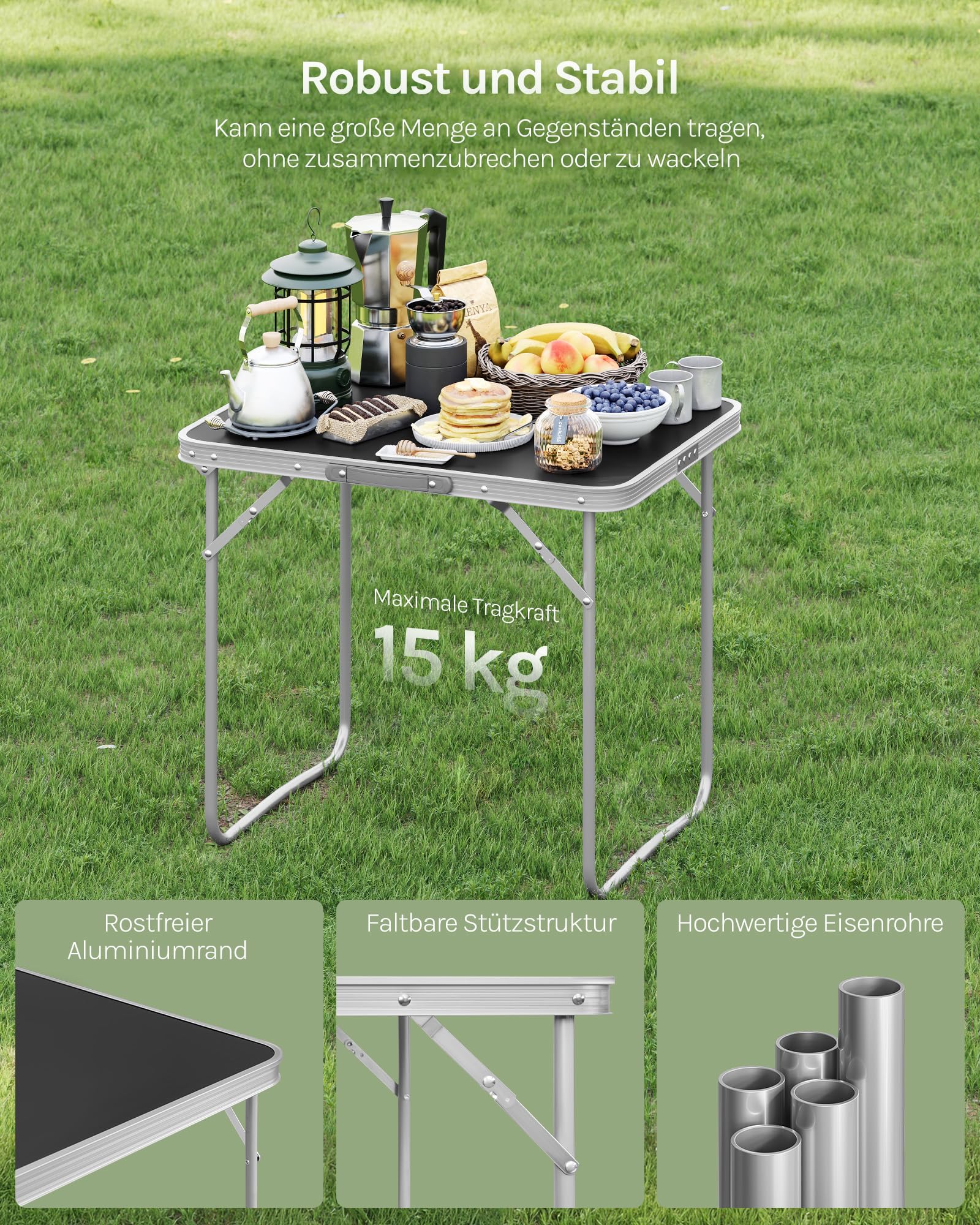 WOLTU Klapptisch Campingtisch mit Aluminiumrahmen Griff, Gartentisch aus MDF, Reisetisch klappbar, für Picknick Strand im Freien, 70 x 60 x 50 cm (B x H x T), Schwarz