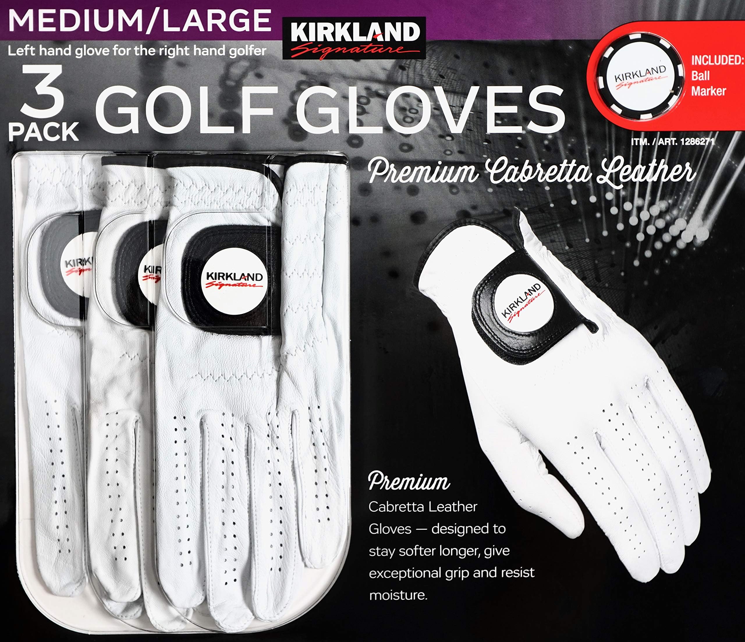 Signature Men's Golf Gloves Premium Cabretta Leather, Medium/Large, 3 Pack
