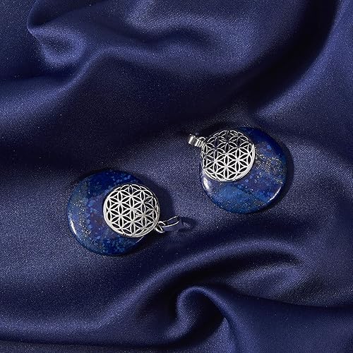 Miniatura 5 de LiQunSweet - Juego de 5 colgantes de piedra de lapislázuli natural con acabado de latón en tono platino redondo con flor de la vida, para hacer