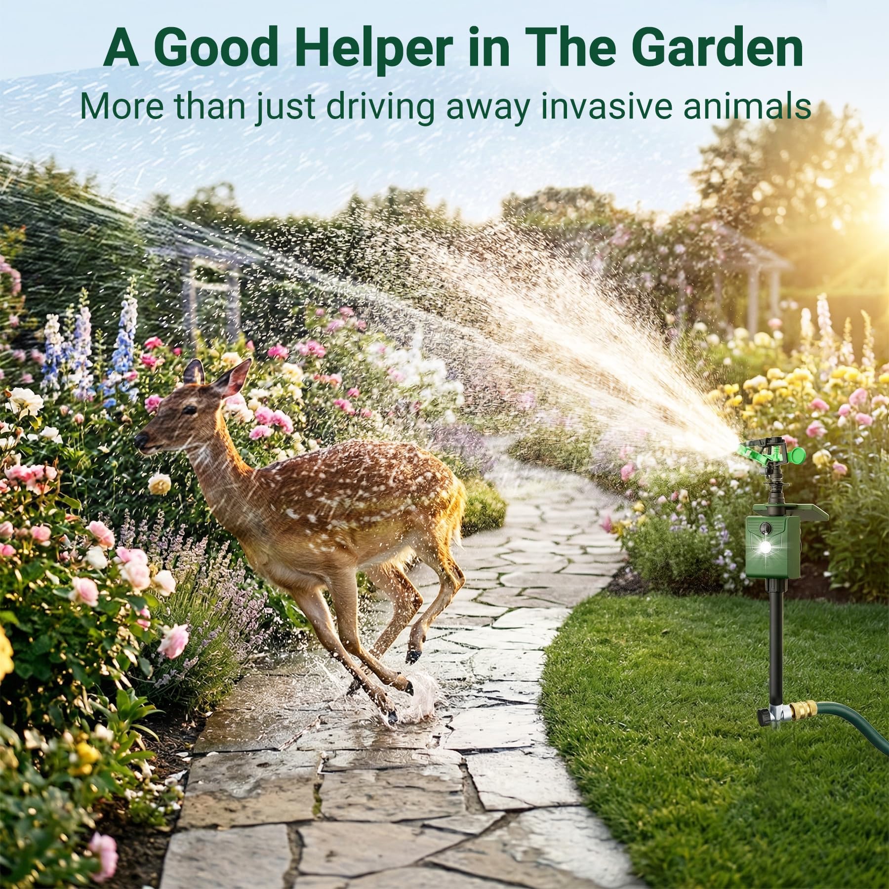 Bewegungsaktivierter Tiervertreiber mit Wassersprinkler, Hirschabwehrgeräte Solarbetrieben, IP65 Wasserdicht Katzenschreck Outdoor mit Blinklicht, Schrecken Hirsch Füchse Stinktiere Waschbären aus