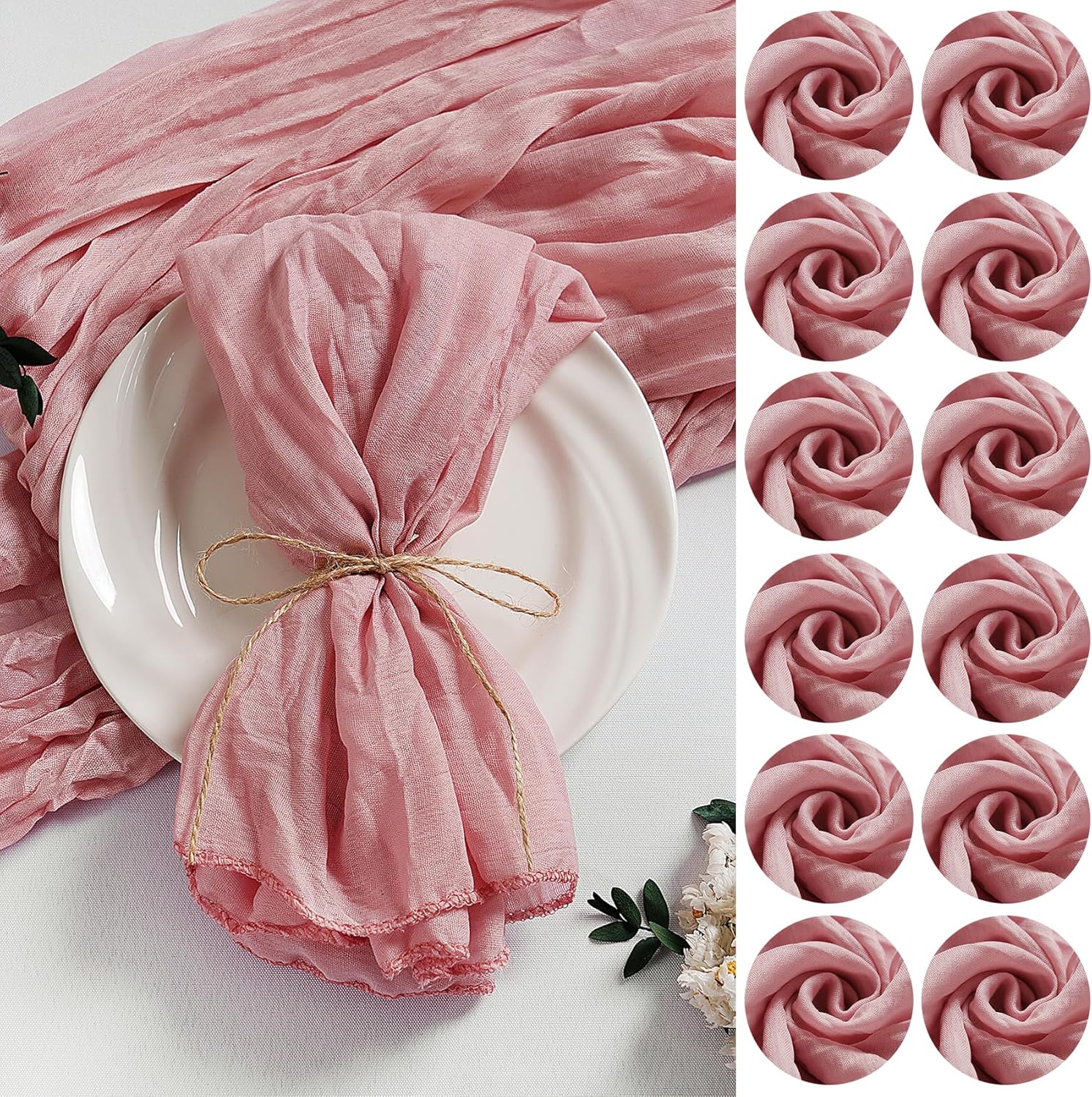 LZY 120 Pack Gauze Cheesecloth Napkins 20×20 Inch Dinner Cloth Napkins, Soft Boho Table Napkins Rustic Wrinkled Cheese Cloth Napkins Bulk for Wedding Party Baby Shower Event Decor (Dusty Pink)