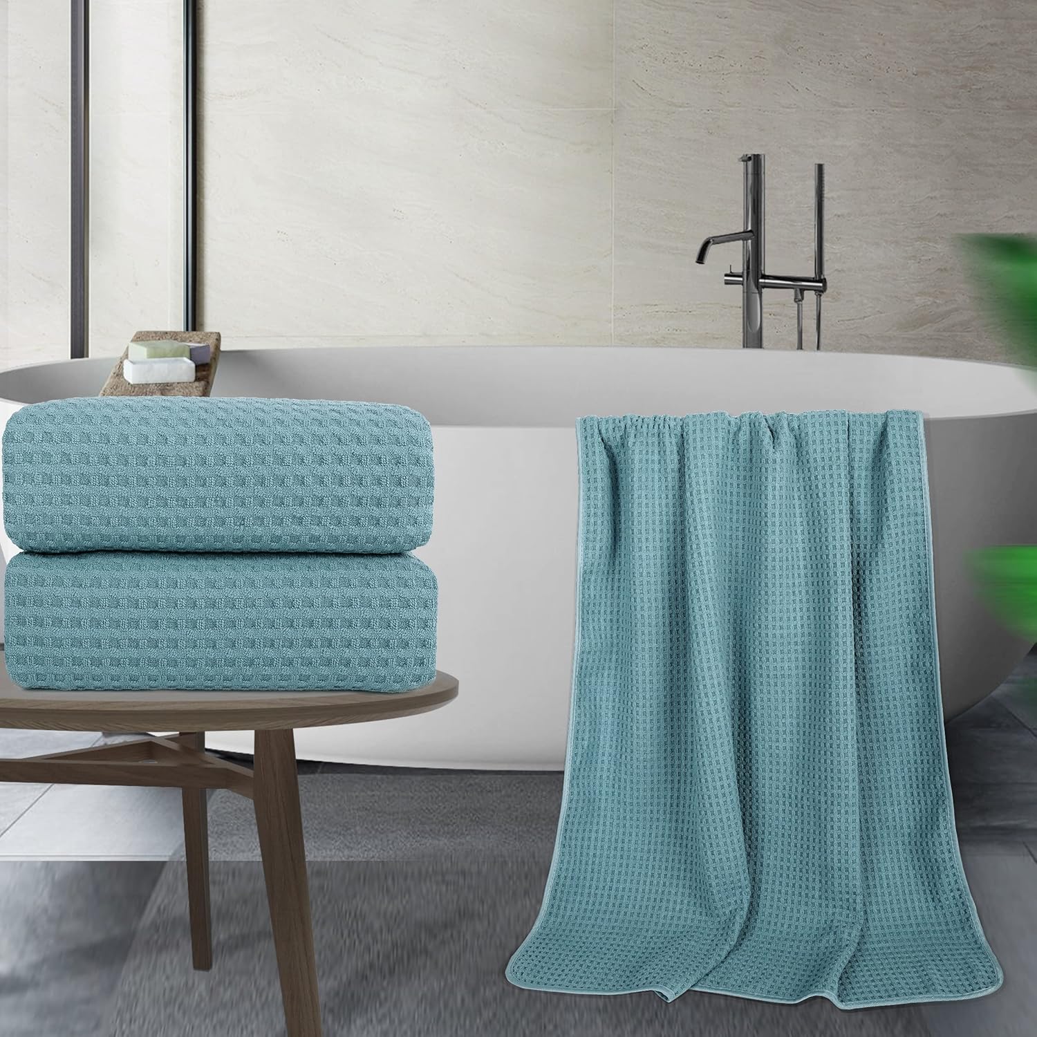 POLYTE Microfiber Oversize Quick Dry Lint Free Bath Towel, 60 x 30 in, Set of 2 (Green, Waffle Weave) - Image 4