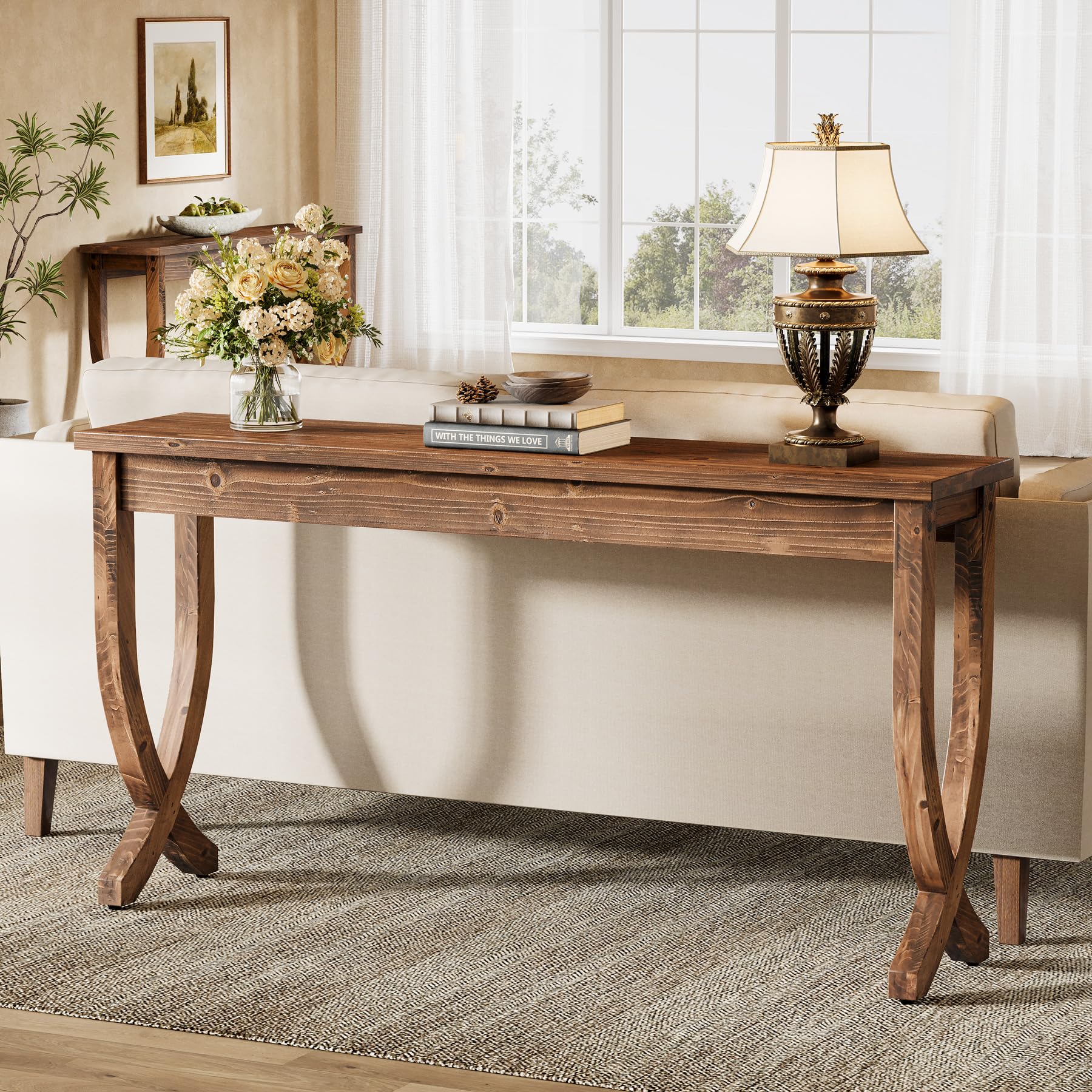 Console en Bois Massif 160 cm, Table d'entrée de Style Ferme, Table de canapé Longue pour Salon, Couloir, entrée, Foyer, Marron