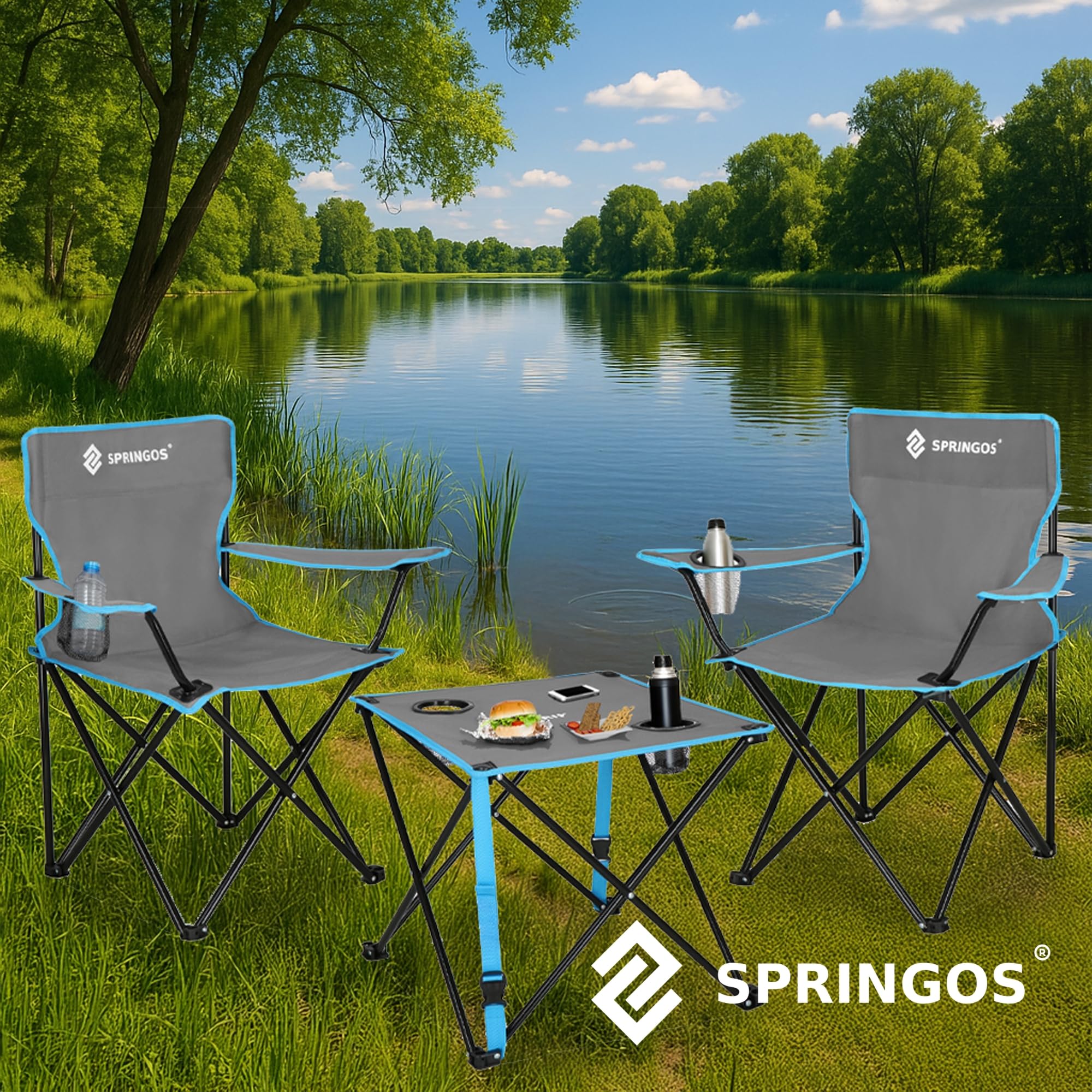 SPRINGOS Ensemble Camping Pliant 3 Pièces – Table + 2 Chaises avec Porte-Gobelet, Sac Transport, Réglage Hauteur – Pêche Festival Jardin Balcon Plage