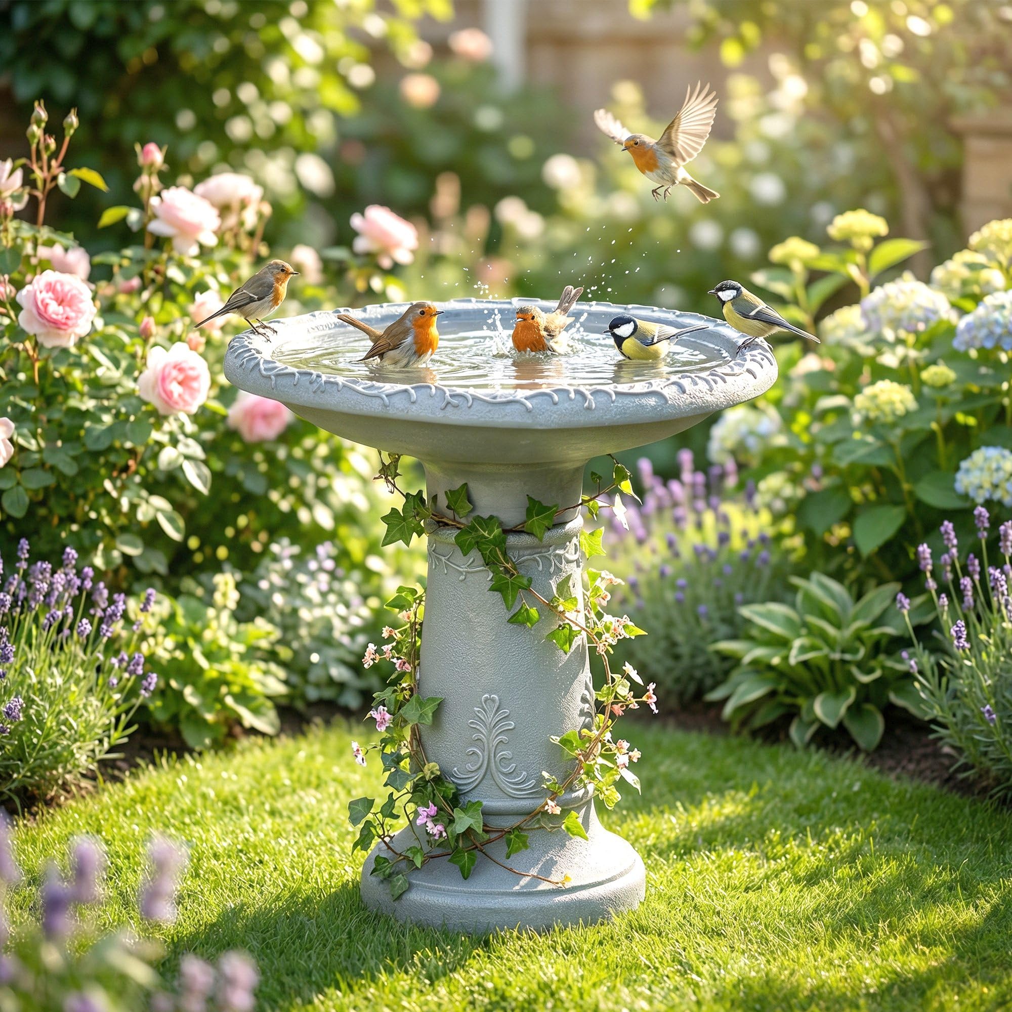 Outsunny Vogeltränke Stehend, Vogelbad aus Harz, frostsicher Vogelbecken mit Steinoptik, Winterfest Wasserstelle Wassertränke für Wildvögel, Wasserschale für Garten Terrasse 48 x 48 x 51 cm, Grau