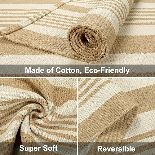 Miniatura 4 de Alfombra de exterior a rayas color tostado, 2 x 4.3 pies, de algodón, reversible, alfombra de área reversible para otoño, alfombra de porche