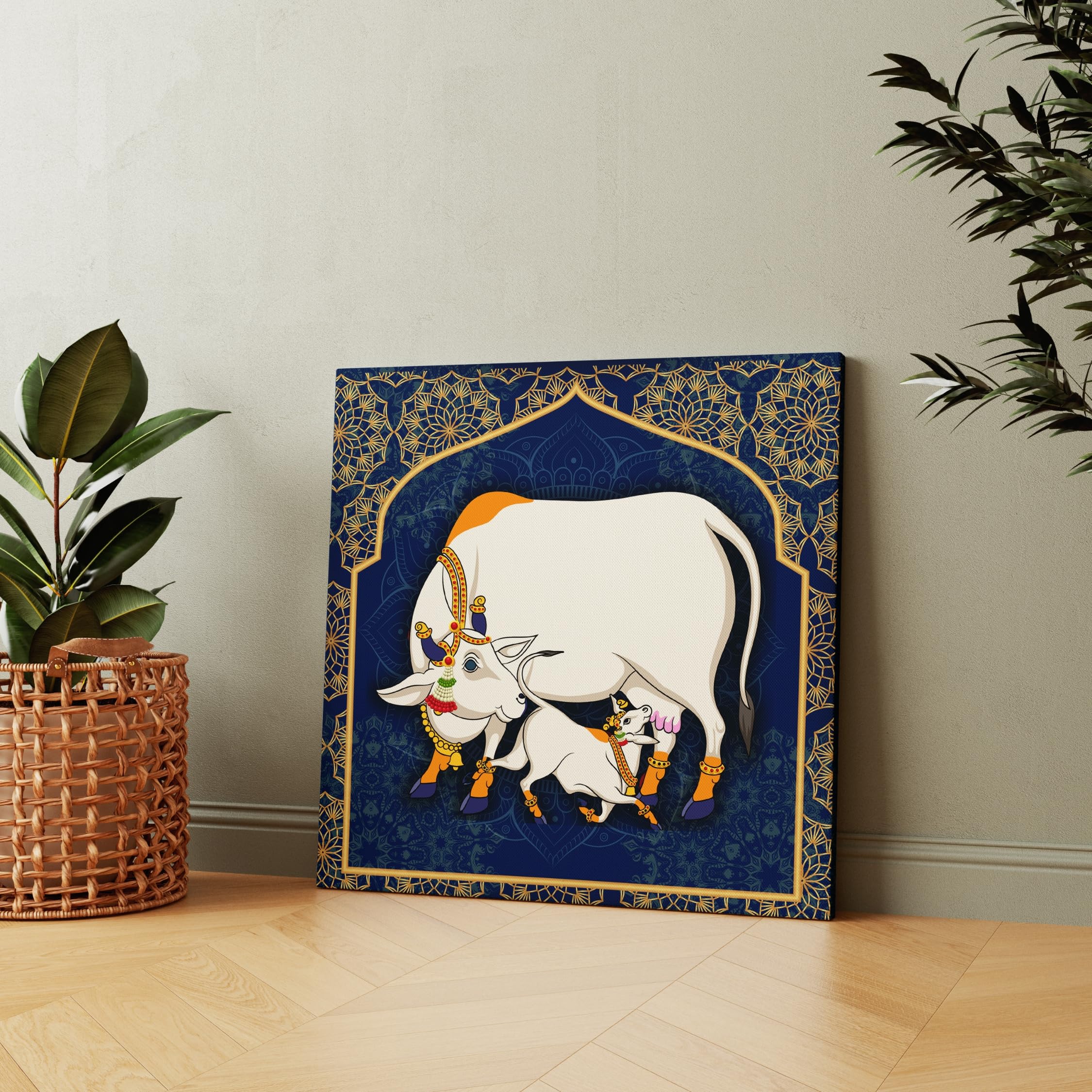 Casperme Kamdhenu Cow Vastu Prosperity Cotton Canvas Wall Painting For Living Room big size for Bedroom, Hotels & Office Decoration (Blue, 36 x 36 inches)