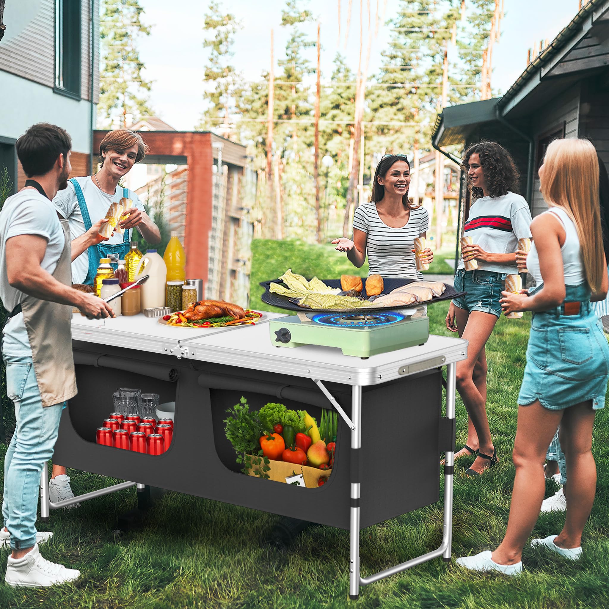 Campingschränke Outdoor Faltbare Campingküche aus Aluminiumgestell, Waschbare Oxford-Stoff & 5mm Dicke MDF Platten Mobiler Zeltschrank Küchenbox mit Tragtasche für Reise Strand Camping