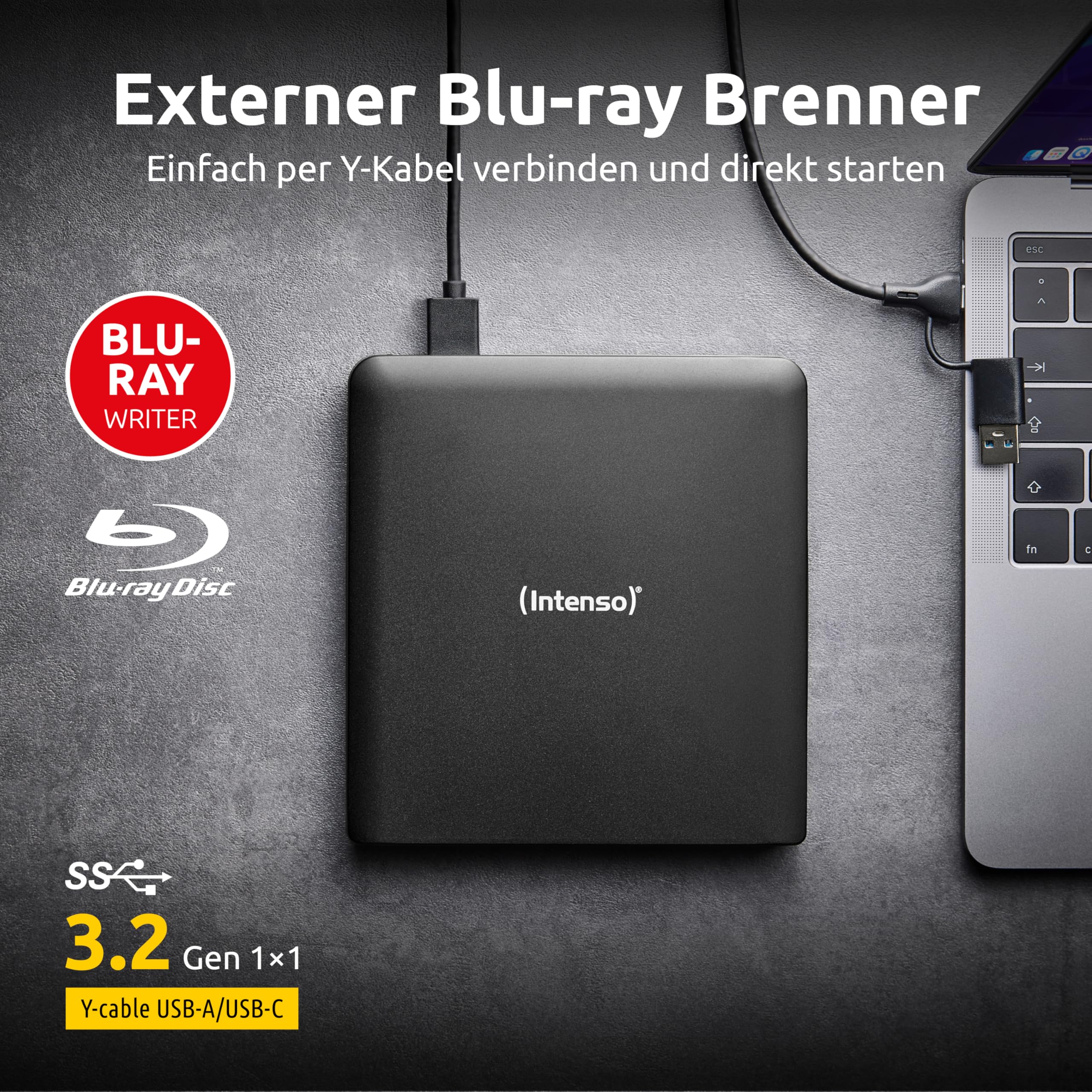 Intenso Lecteur Blu-Ray Externe Graveur Externe EOD 500BD Slim USB 3.2 pour Ordinateur Portable Bureau PC iMac MacBook Windows MacOS + Logiciel de Gravure Gratuit Ashampoo Burning Studio Noir