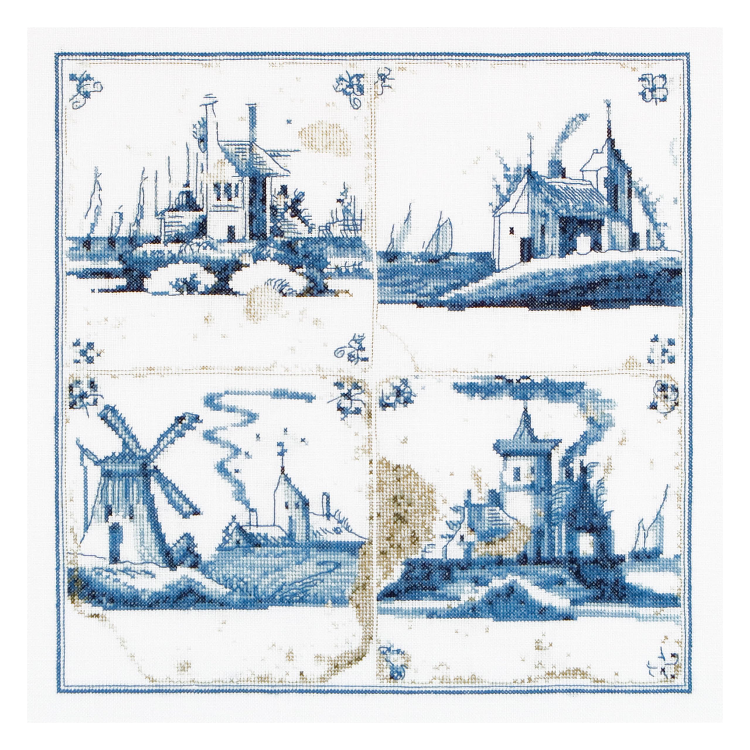 Thea Gouverneur - Counted Cross Stitch Kit - Antique Tiles Villages - Aida - 18 Count - Embroidery Kit for Adults - DMC Embroidery Threads and Other Cross Stitch Supplies Included - 484A