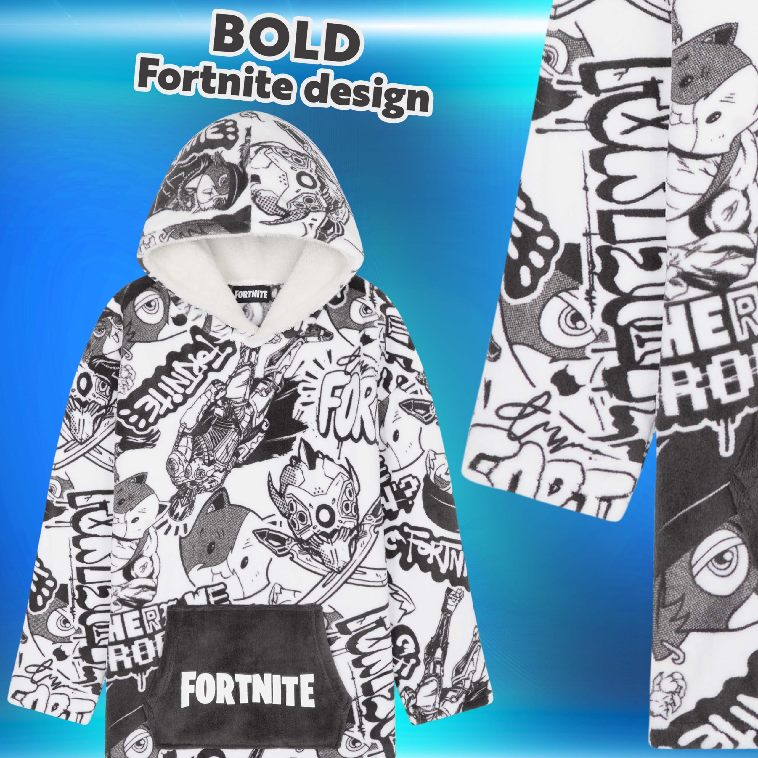 FORTNITE Blanket Hoodie for Boys Teens 14+ Wearable Blanket Fleece Extra Long (White/Black Kids)