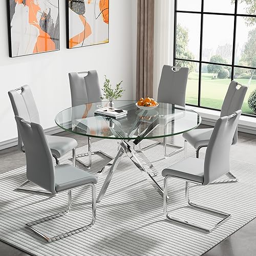 Miniatura 21 de Juego de 4 mesas de comedor modernas de 5 piezas, mesas de comedor redondas de vidrio templado de 36 pulgadas y 4 sillas de comedor negras de cuero,