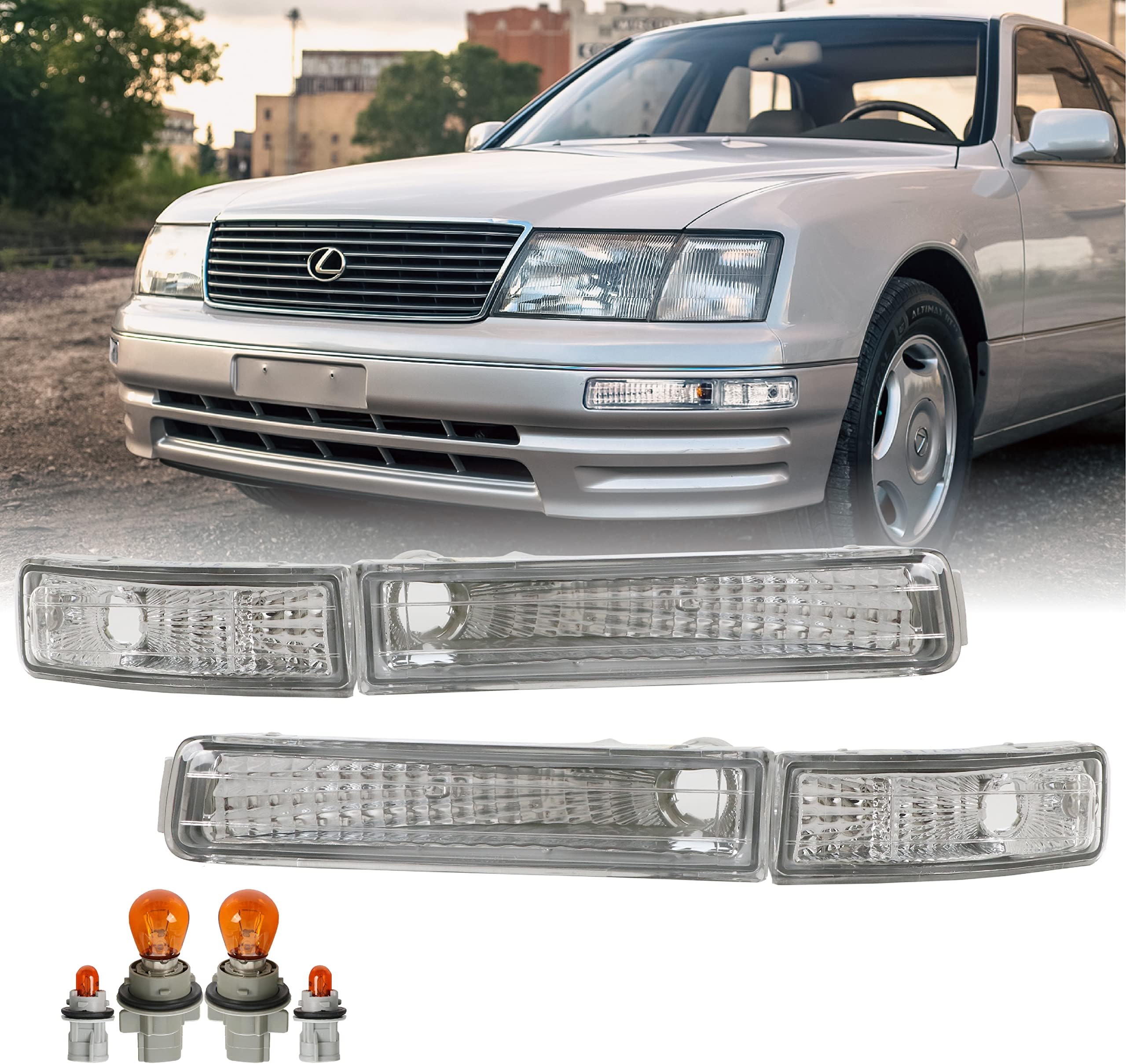 USR 95-97 LS400 Turn Signal Lights - JDM Style Crystal All Clear Lens Front Bumper Signal Lamps Set (Left + Right, Inner + Outer, 4 Pieces) Compatible with 1995-1997 Lexus LS400