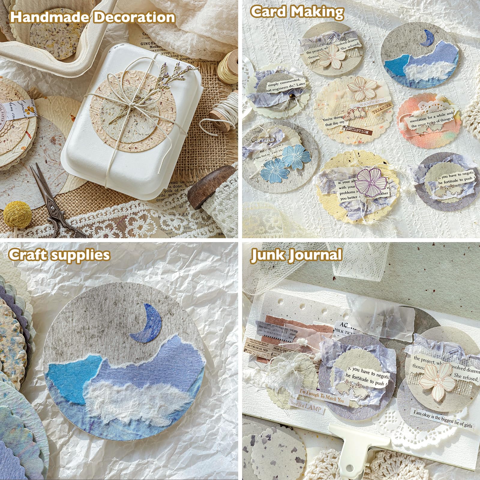 300 Stück rundes Scrapbook-Papier – 6 Stück, geprägtes, strukturiertes und bedrucktes Reispapier, Spitzenrand, verschiedene spezielle Karten, Mischung für Scrapbooking, Junk, Journaling, Zubehör