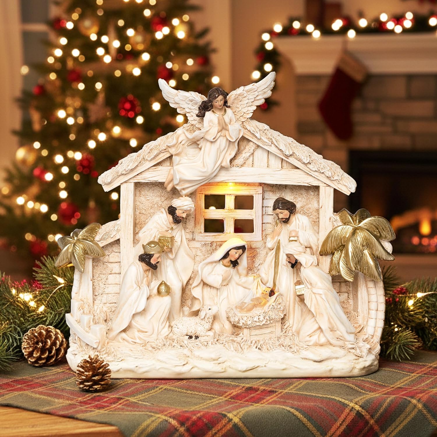 Nativity Sets for Christmas Figurine Decorations Indoor, 12.5 Inch Large Lighted Resin Manger for Nativity Scene Jesus Religious Holidays Home Tabletop Xmas Decor Collection Gifts (White)