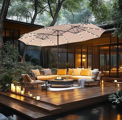 Miniatura 8 de MFSTUDIO Sombrilla de patio de doble cara de 15 pies con luces solares, sombrilla rectangular grande para exteriores con base incluida, manivela y