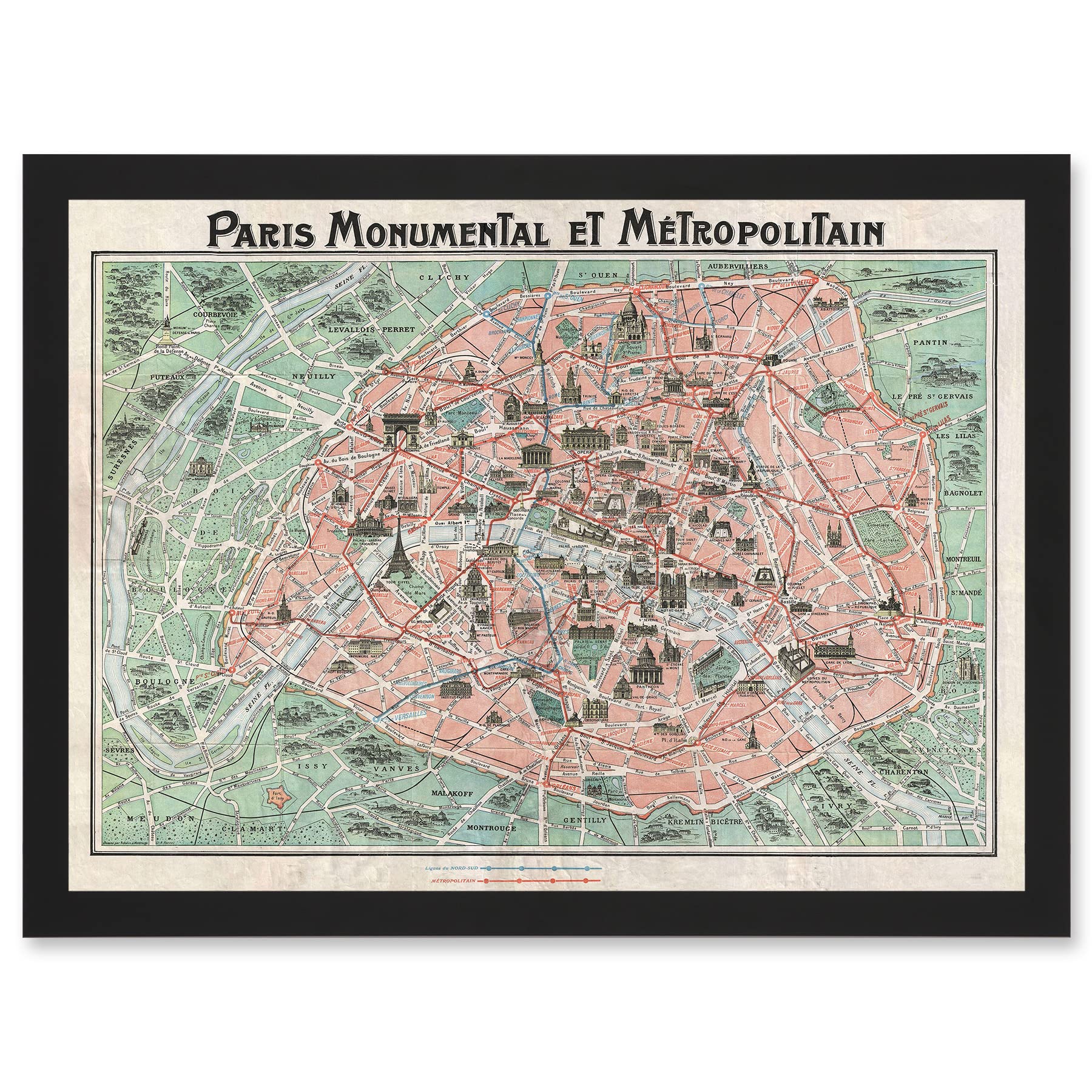 Wee Blue Coo Robelin Paris Metropolitan Monument Map France Artwork Framed Wall Art Print A4