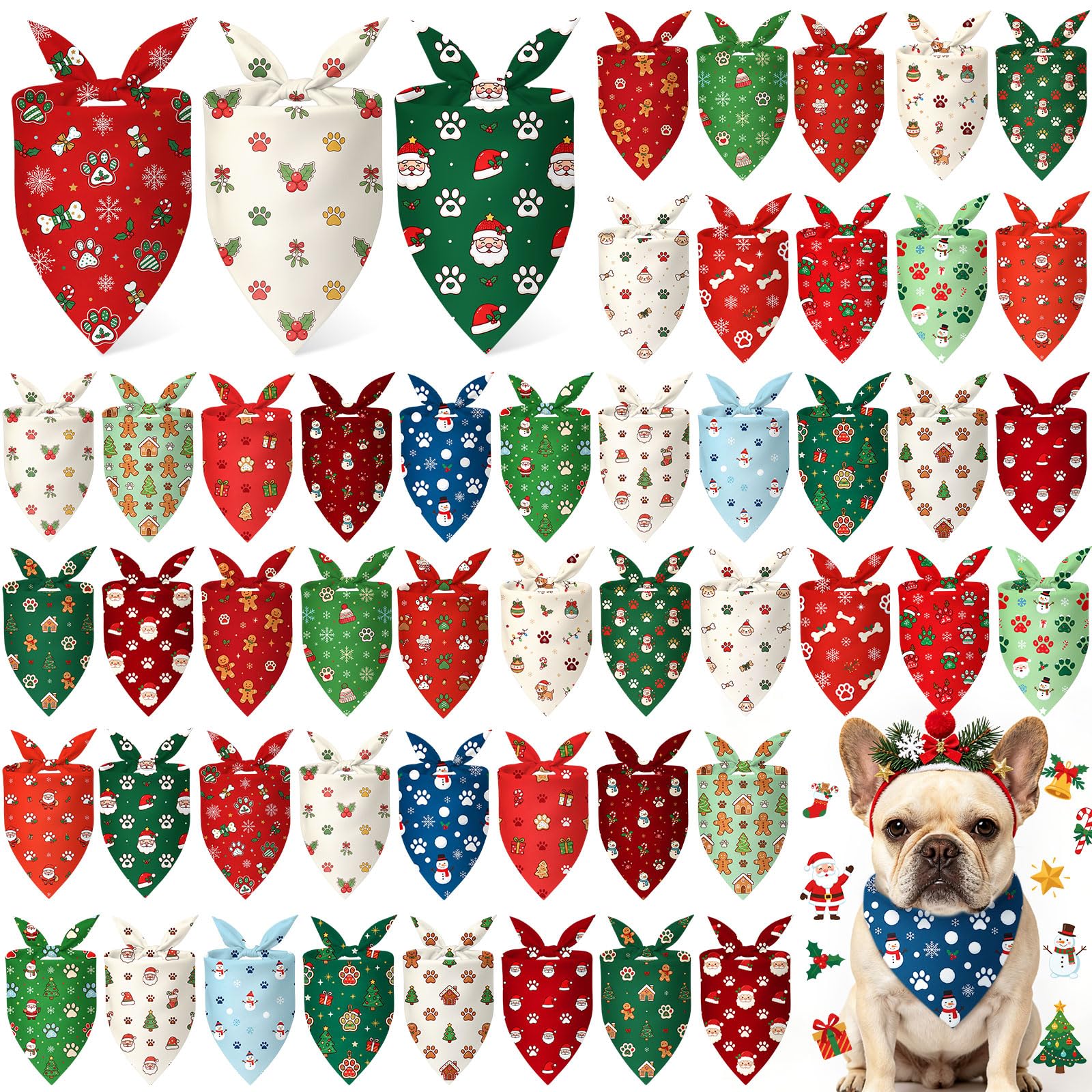 Preboun 50 Pcs Chriastmas Paw Print Dog Bandanas Bulk, Xmas Party