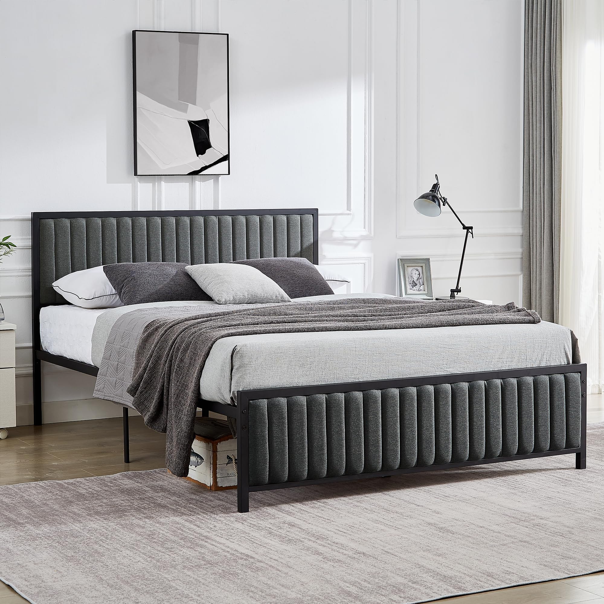 VECELO Bettgestell 140 x 200 cm, Metallbett Doppelbett mit Gepolstertem Kopf- und Fußteil, Bettrahmen mit Lattenrost, 32cm Höhe unter dem Bett, Kein Boxspring Erforderlich, Grau