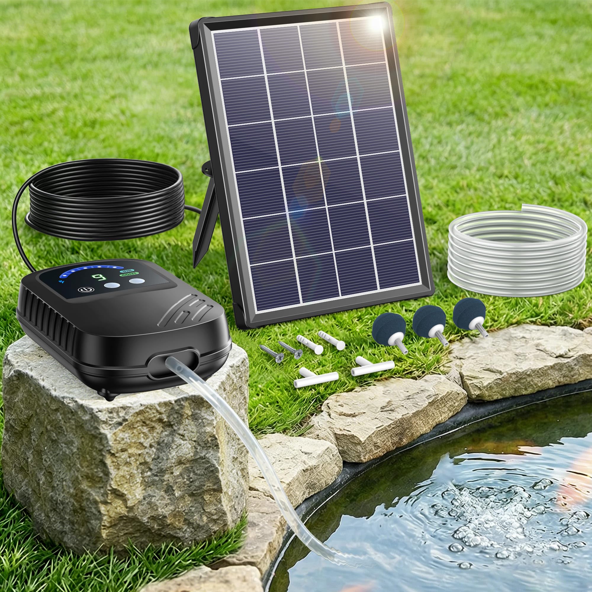 Biling Bomba de oxígeno solar para estanque de 3,5 W, con batería de 2200 mAh, manguera de 3 m, IPX5 silenciosa, bomba de aire solar silenciosa para estanque de jardín, depósito de agua de lluvia
