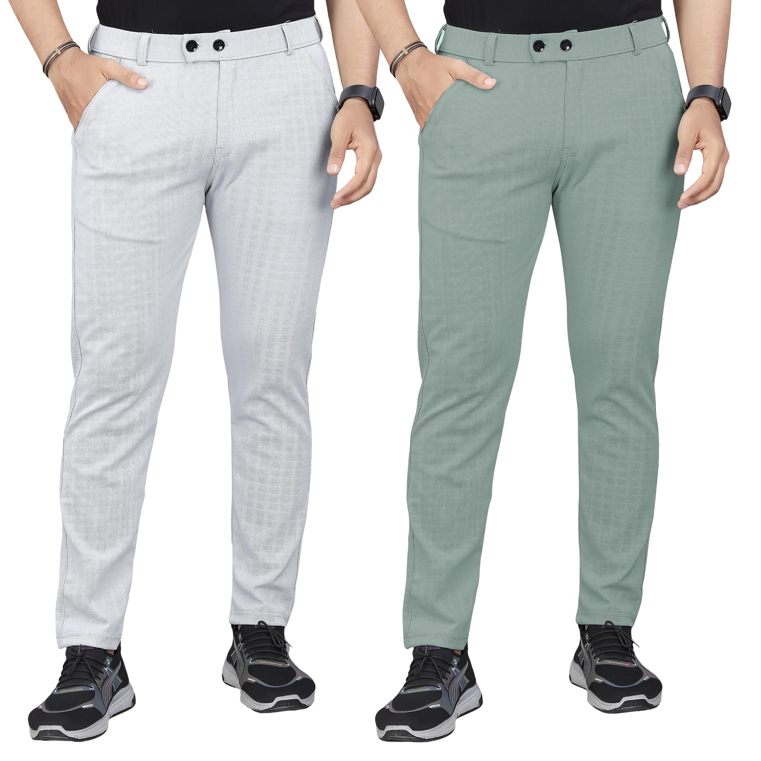 Men's Casual Trousers | Regular Fit Self-Design Mid-Rise Bottoms | Premium Cotton Blend Pants for Office and Outings (Pack of 2)-image-27
