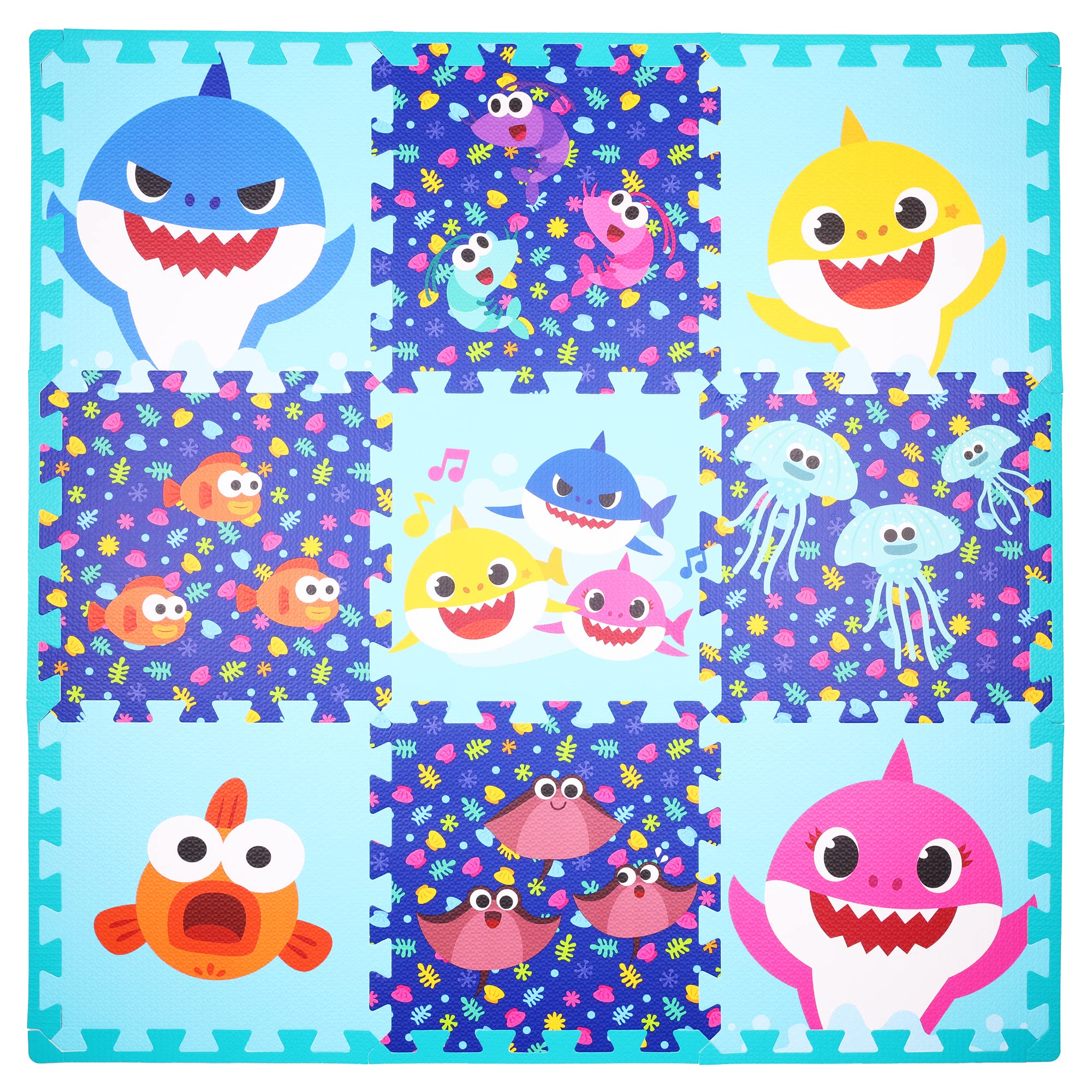 Baby Shark's Big Show! Kids Foam Mat, Interlocking Puzzle Non Slip Flooring Tiles, Multi, 36 x 36 Inches, 9 Tiles