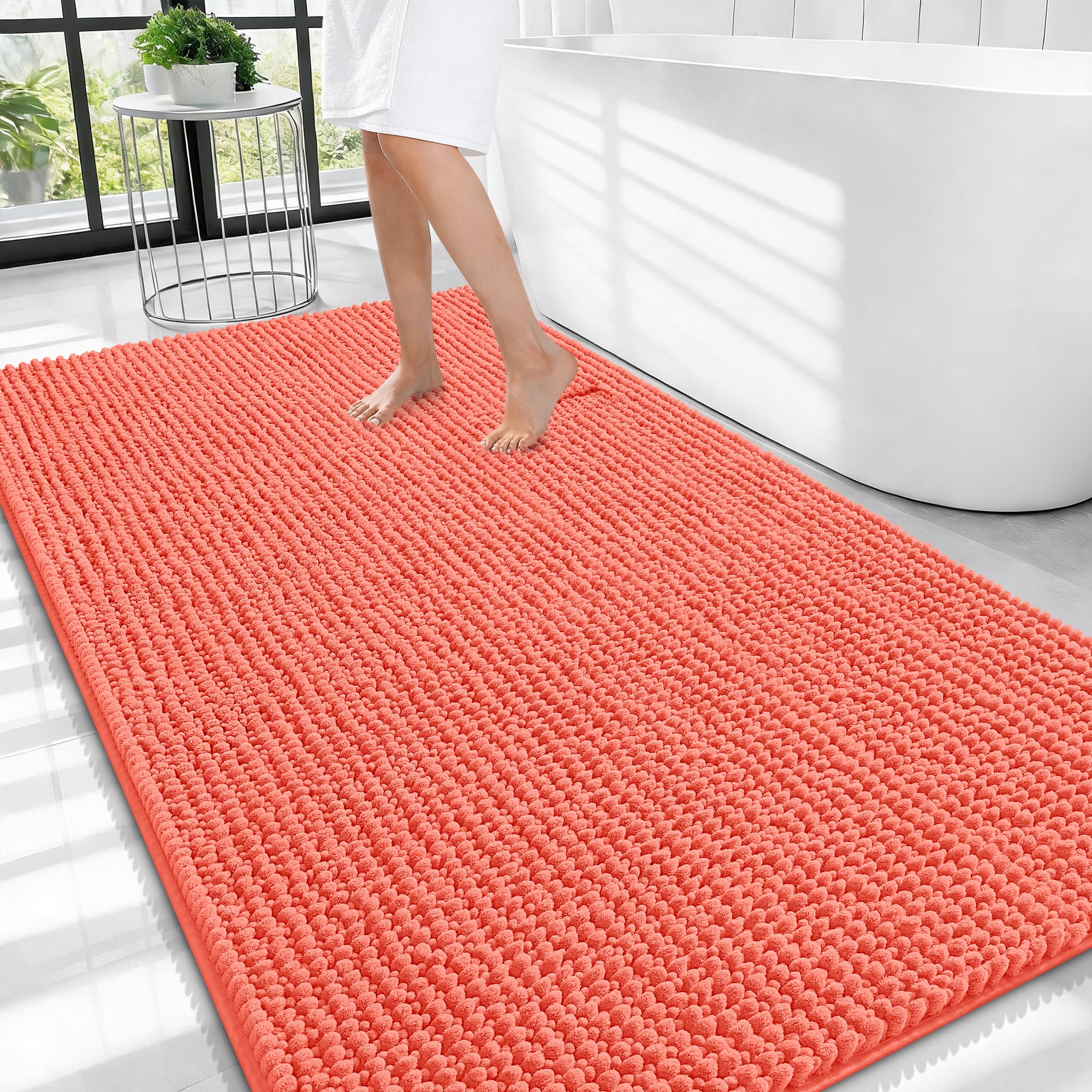 OLANLY Thick Chenille Large Bathroom Rugs 44x32, Absorbent Bath Mat, Coral