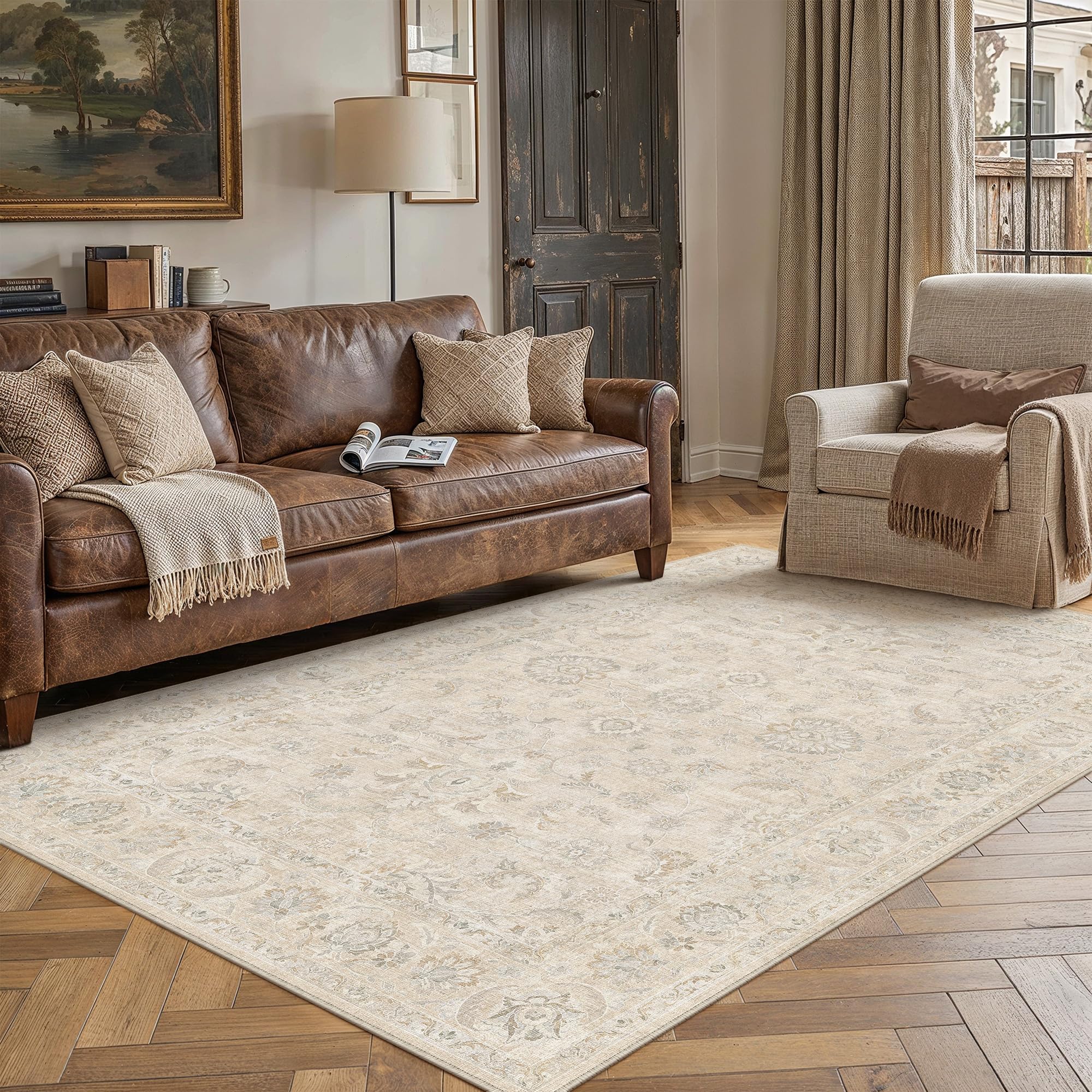 PureCozy 160x230cm Rugs Living Room Vintage Washable Soft Area Rugs,Beige