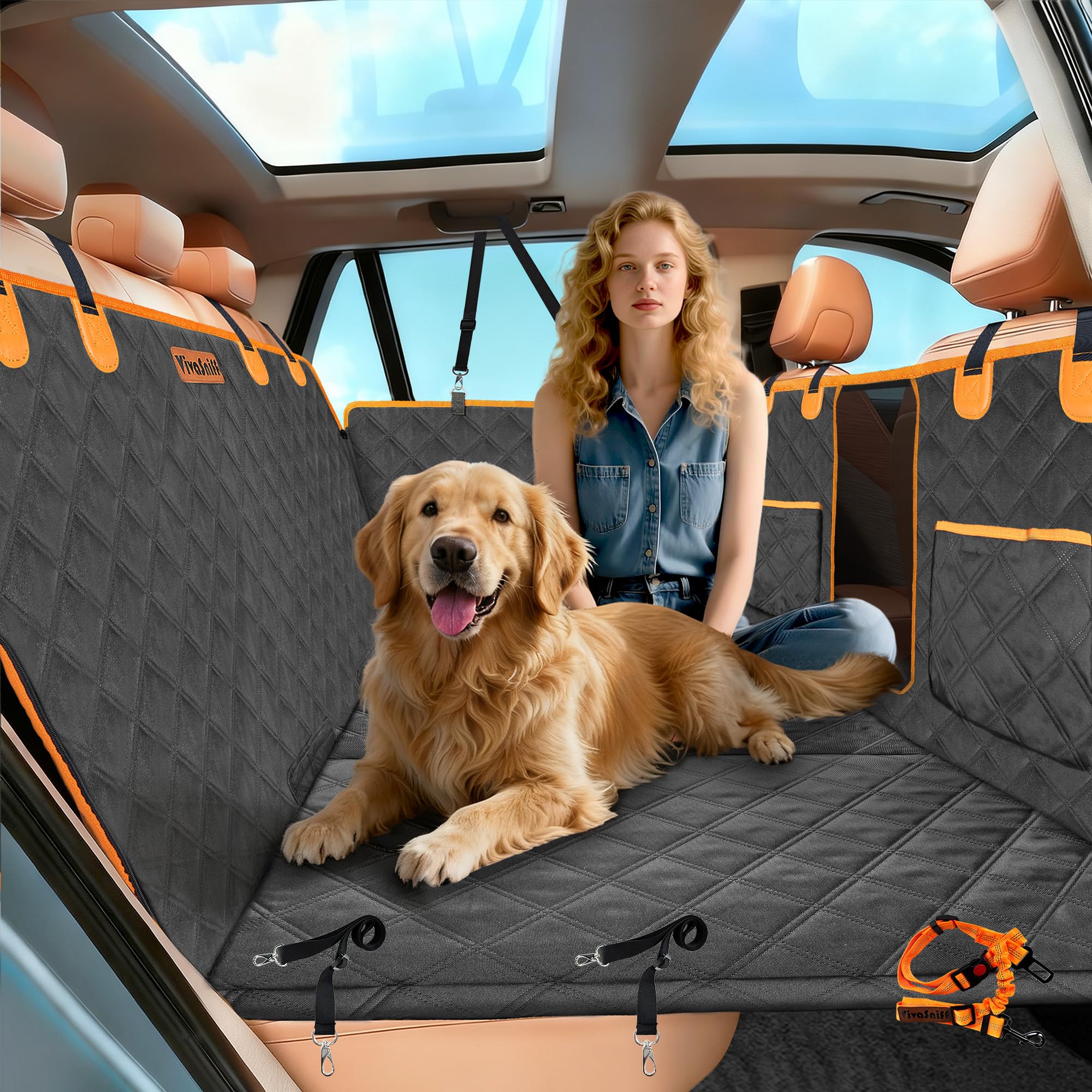 VIVASNIFF Hard Bottom Back Seat Extender for Dogs, Waterproof Dog Car Seat Cover, 420lb Support, 600D Heavy Duty Car Seat Protector Dog Hammock for Sedan, SUV, Small Truck(Black & Orange)