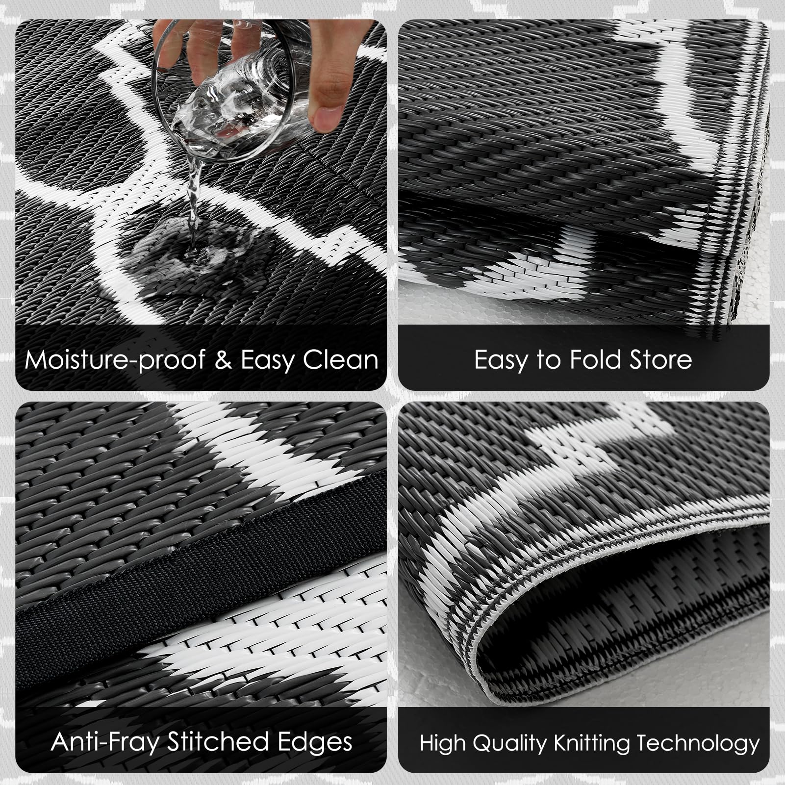 OIGAE Alfombra Exterior Impermeable 180 x 270 cm, Alfombra de Polipropileno Reversible, Resistente a Rayos UV, Antideslizante, Plegable y Lavable, para Terraza Jardín Balcón Camping Picnic, Negro