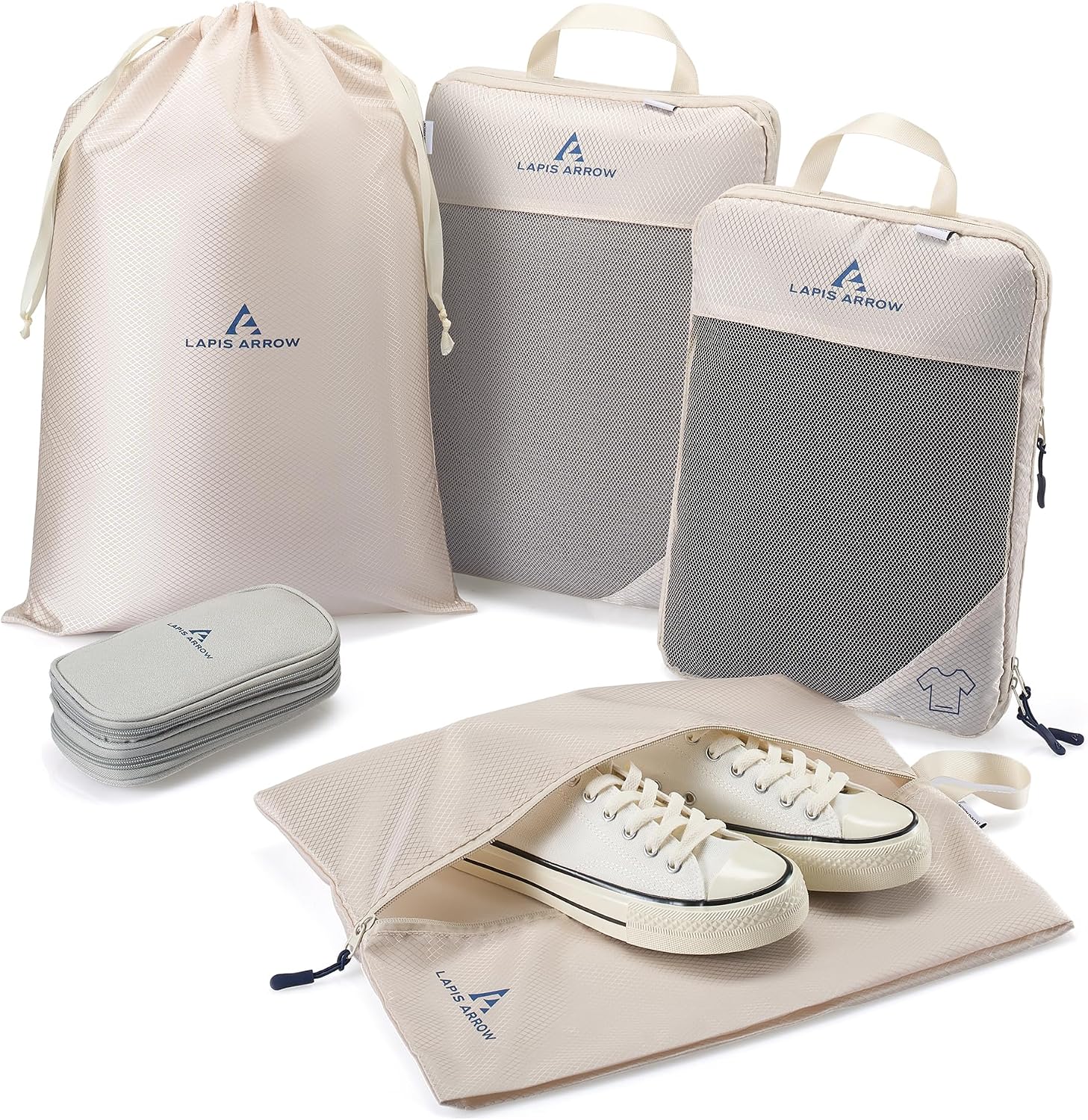 5-Piece Travel Organizer Set, Compression Packing Cubes, Luggage Organizer Bags with Shoe Bag, Tech Organizer and Laundry Bag, Packing Cubes for Suitcase and Carry-On Luggage