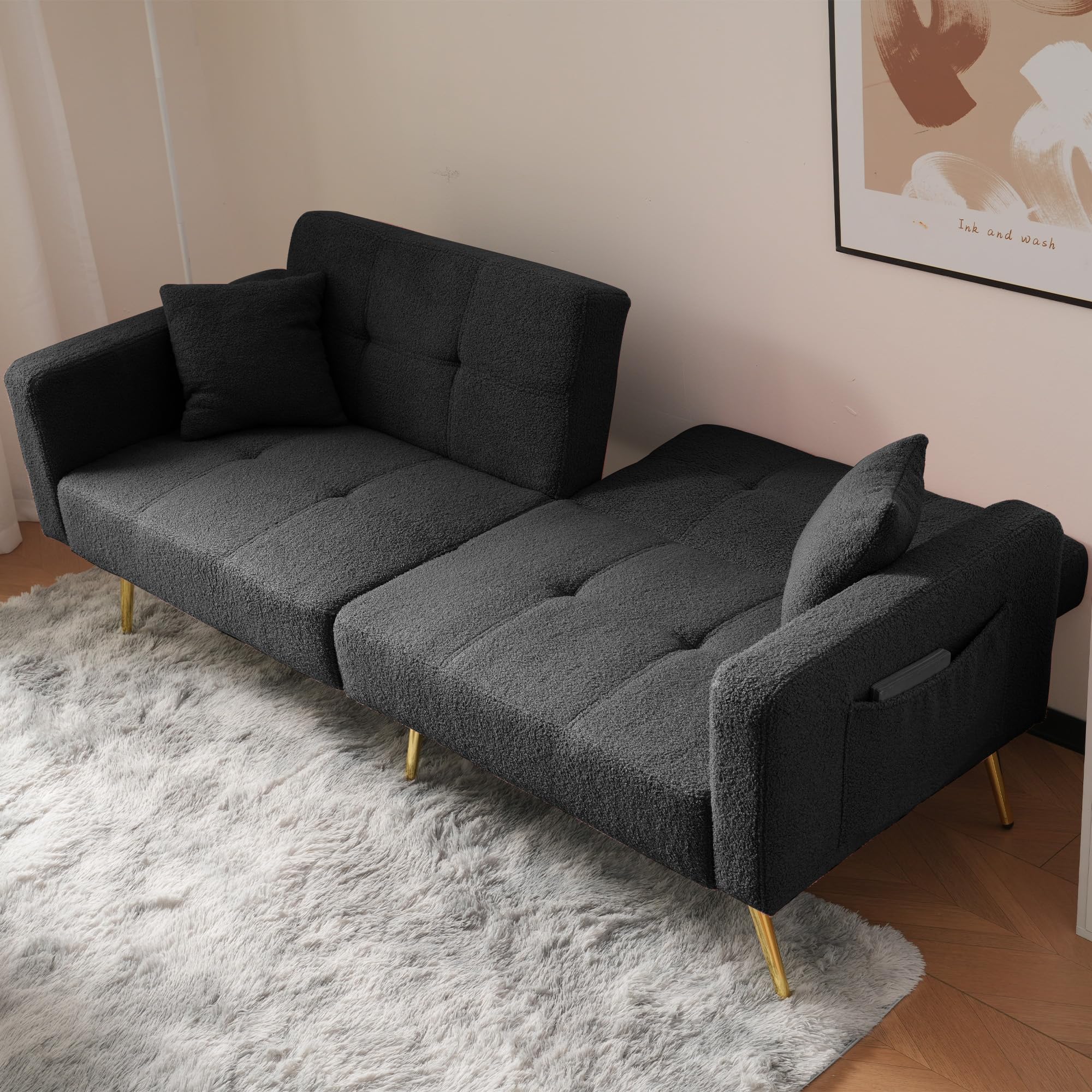 Kebnor Sofá cama con función de cama, ángulo ajustable, patas doradas, con cojines y bolsillos laterales de almacenamiento (gris oscuro)